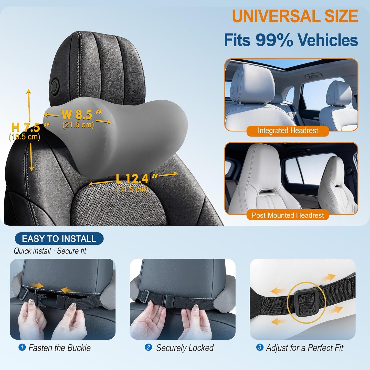 Allaboutsla 2-Pack Car Neck Pillow, Car Headrest Pillow for Neck Support | Memory Foam Car Neck Pillow for Driving with Neck Support, Adjustable Strap, Head Rest Pillow for Long Drives, Trucks, Gray