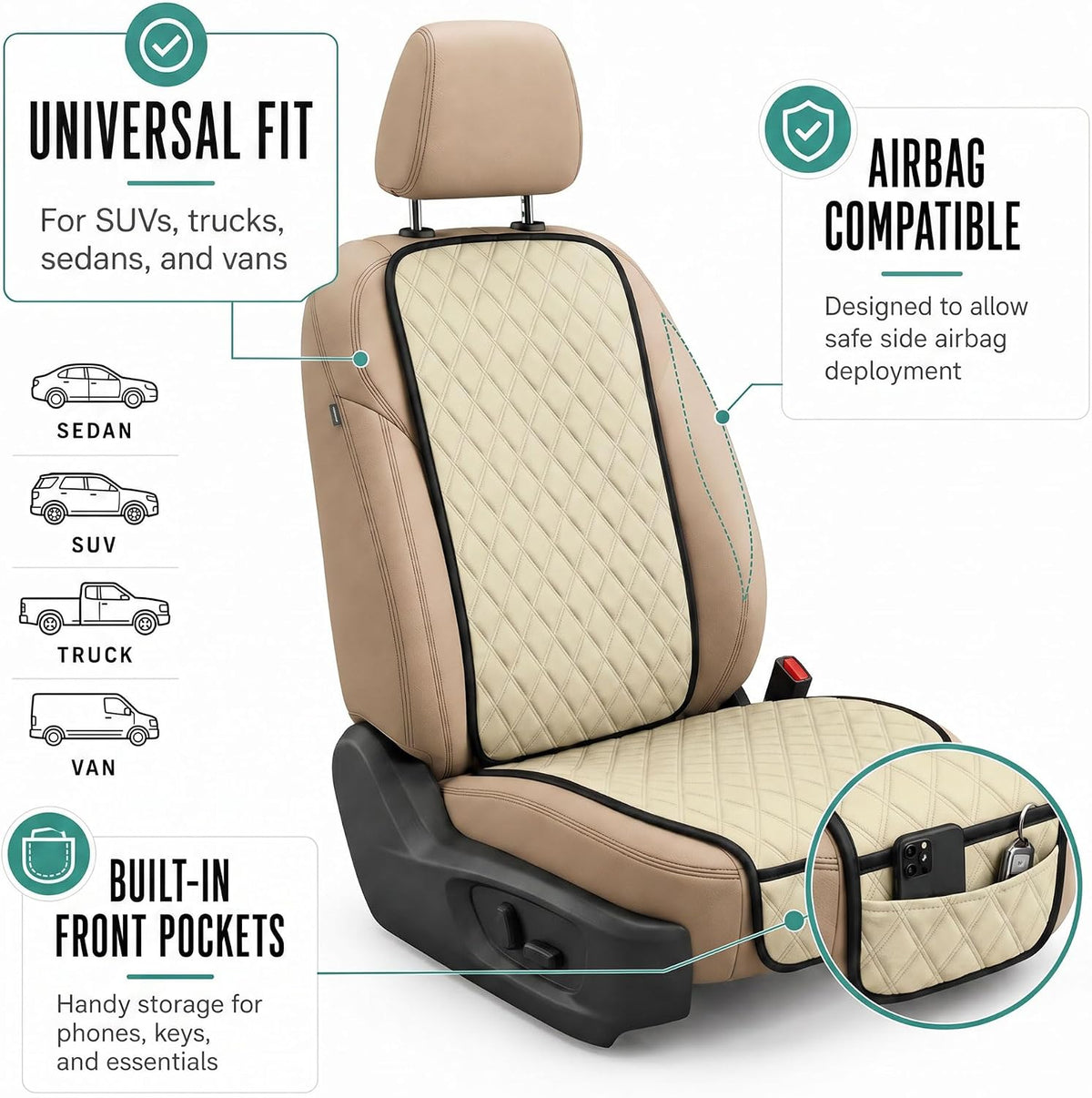 FH Group Car Seat Cushion – Neosupreme Single Front Seat Cover with Front Pockets, Airbag Compatible, Universal Fit Car Seat Cushion for Driver or Passenger Seat, SUV, Truck, Sedan & Van – Beige