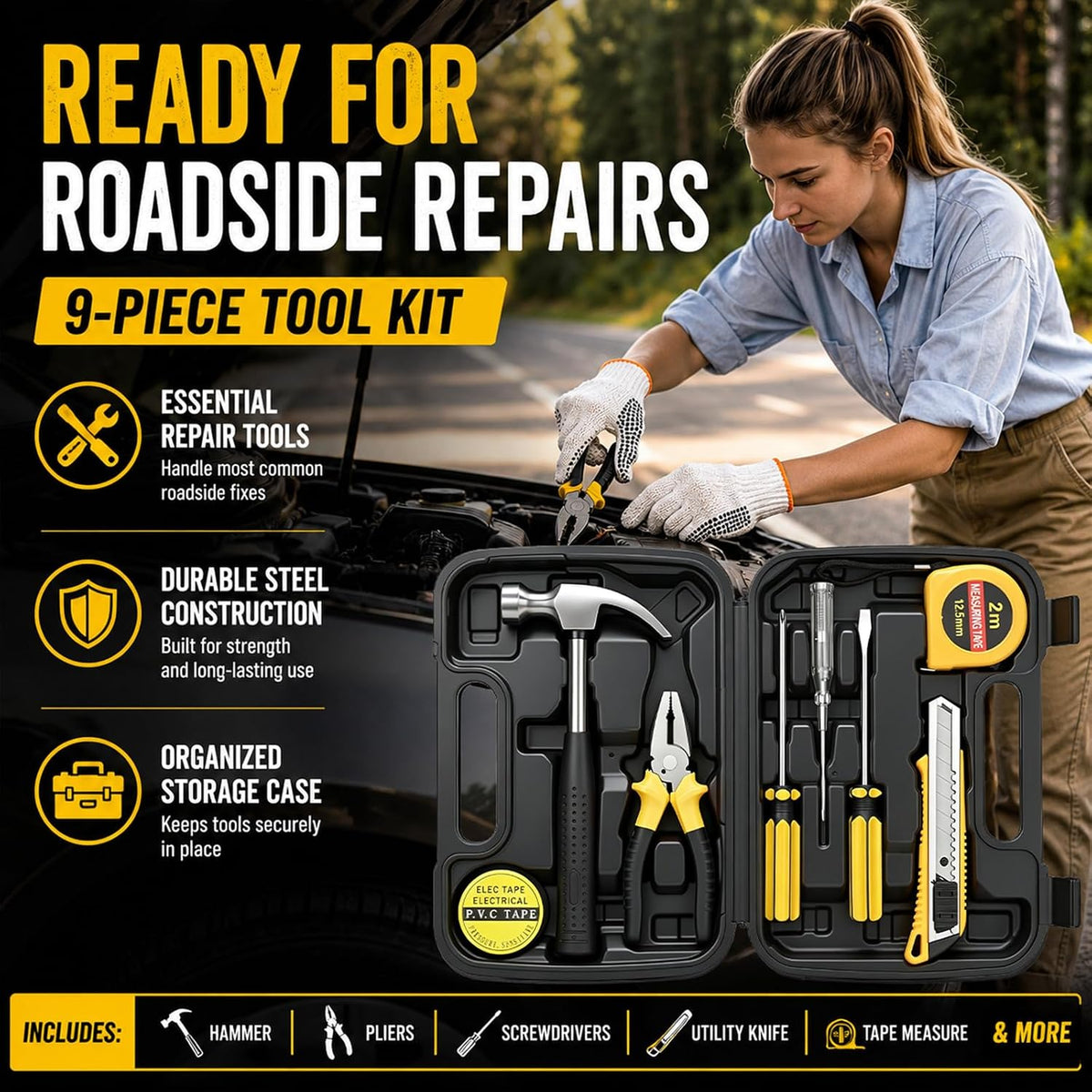Car Emergency Safety Kit Bag with Portable Air Compressor for Vehicles