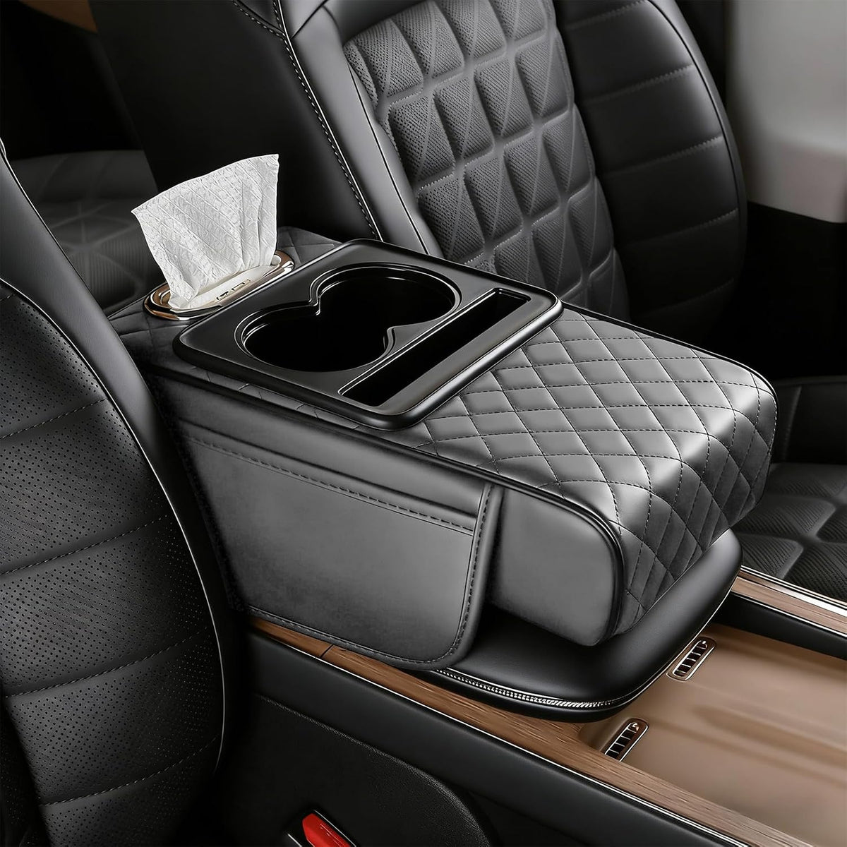 5-in-1 Nappa Leather Console Armrest Cover with Cup Holder