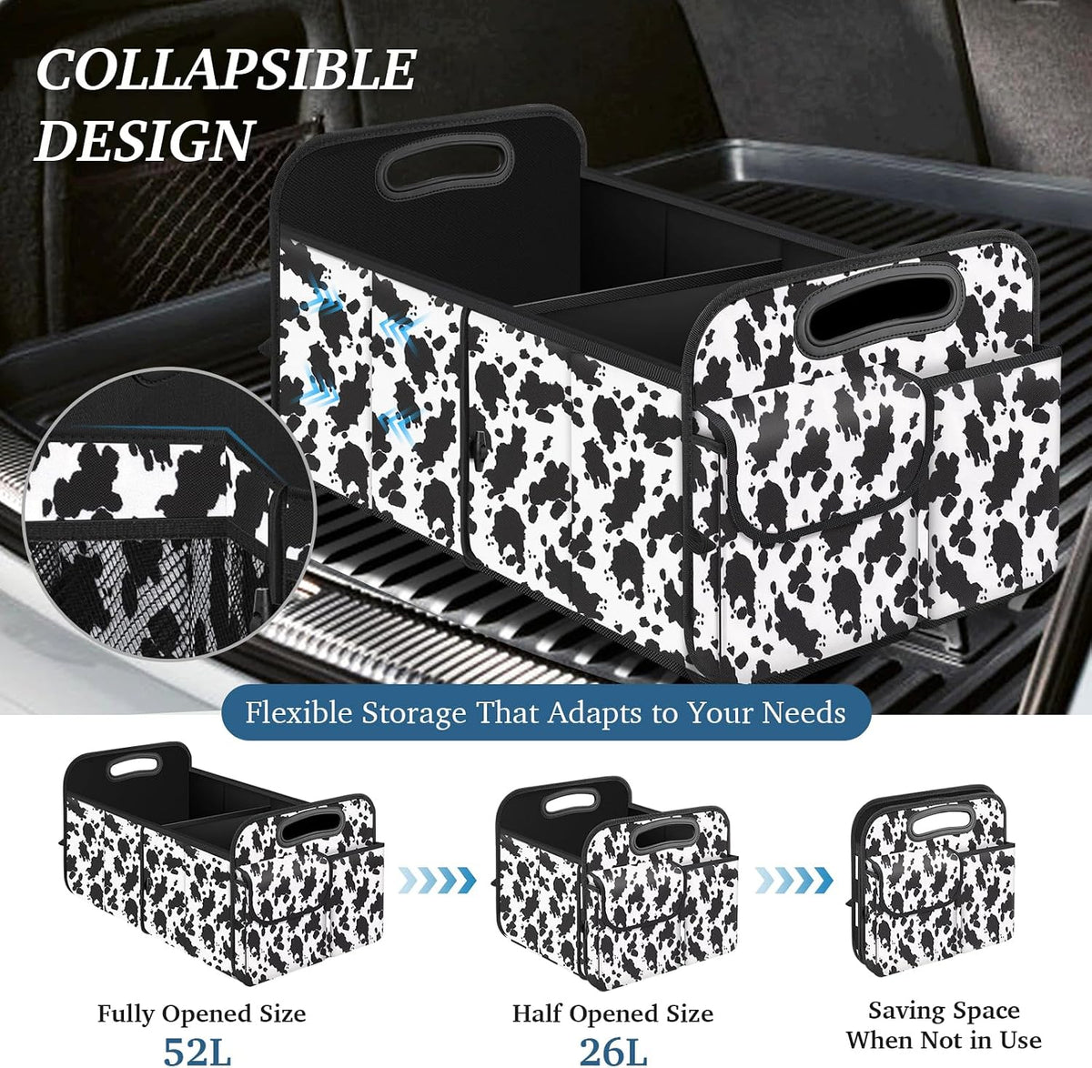 Trunk Organizer, Collapsible Trunk Organizers and Storage, Car Accessories for Women and Men, Multi-Compartment Trunk Storage Organizer for SUV, Car, Mini-Van (Cow Print, Standard)