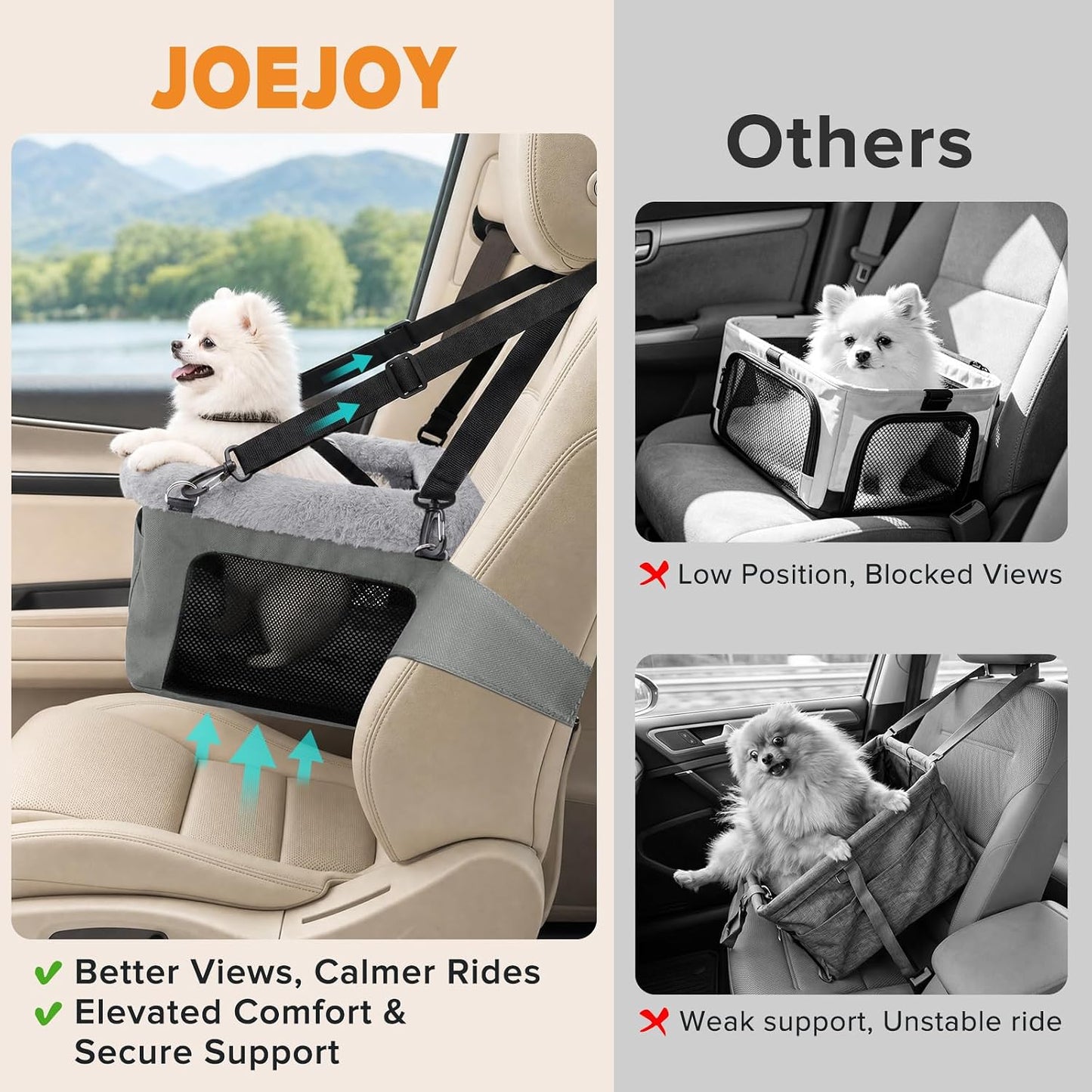 JOEJOY Deluxe Dog Booster Seat with Sturdy Metal Frame and Safety Leash for Small Pets up to 20 lbs - Portable Puppy Dog Car Seat with Thick Cushion and Storage Pockets for Small Dogs