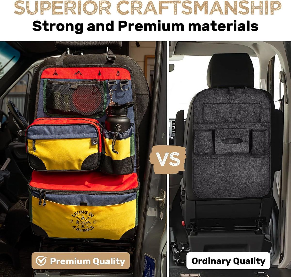 Living in a Bubble Seat back Organizer – Magnetic Toiletry and Cooler Pouch, Cordura Car Backseat Storage with Device Holder & Hooks, Multi-Compartment Utility Bag for Campervans & Family Travel