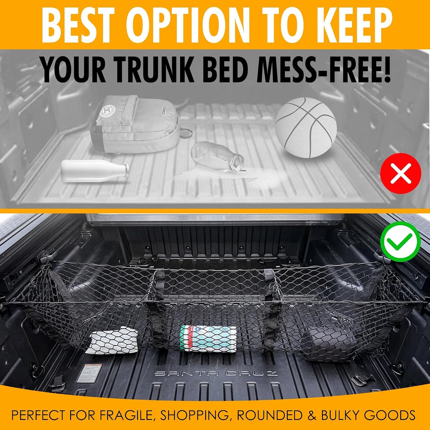 3 Pocket Style Elastic Trunk Cargo Net for Hyundai Santa Cruz 2022-2025 - Premium Trunk Organizers & Storage - Cargo Net for Pickup Truck Bed - Truck Bed Divider - Car Organizer for Pickup