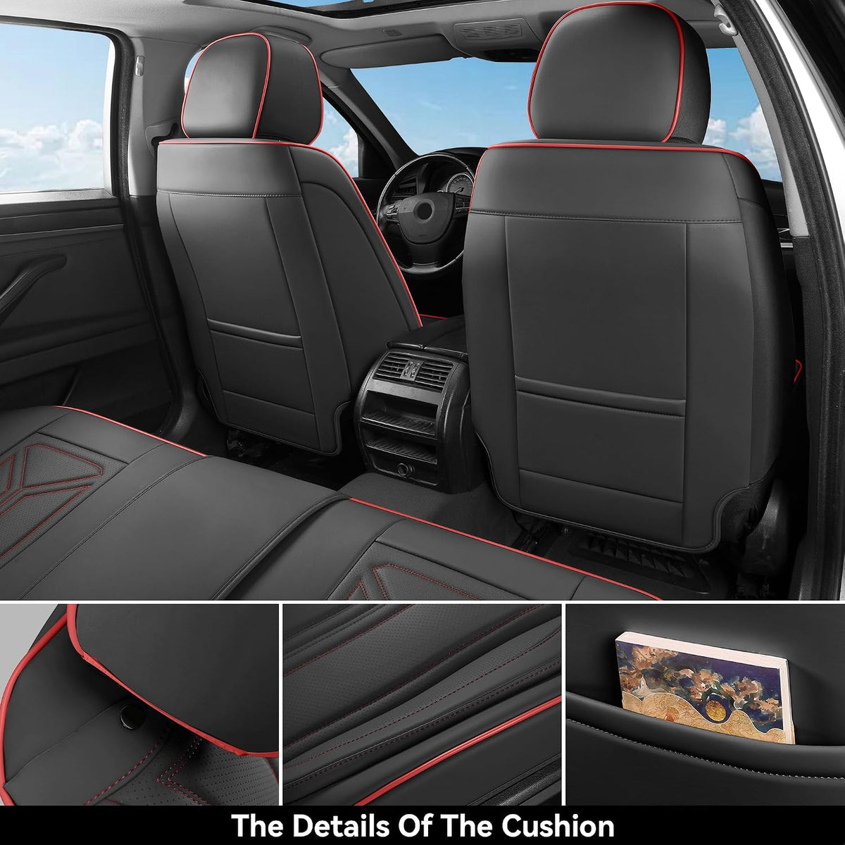 Car Seat Covers Full Set Black Red Line, Leather seat covers, Universal Fit