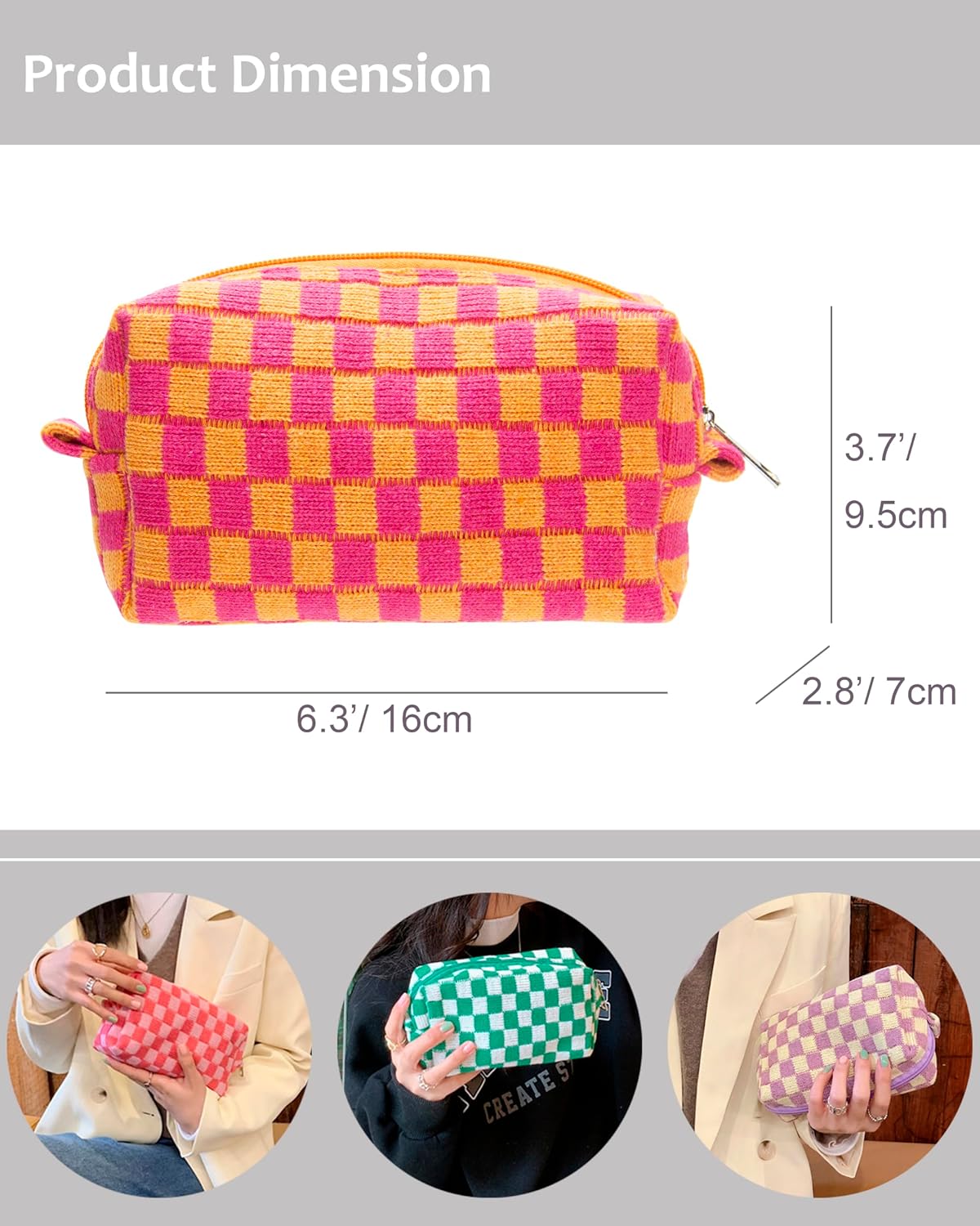 Checkered Makeup Bag for Purse, Small Cosmetic Pouch,Red Orange,6 Pack