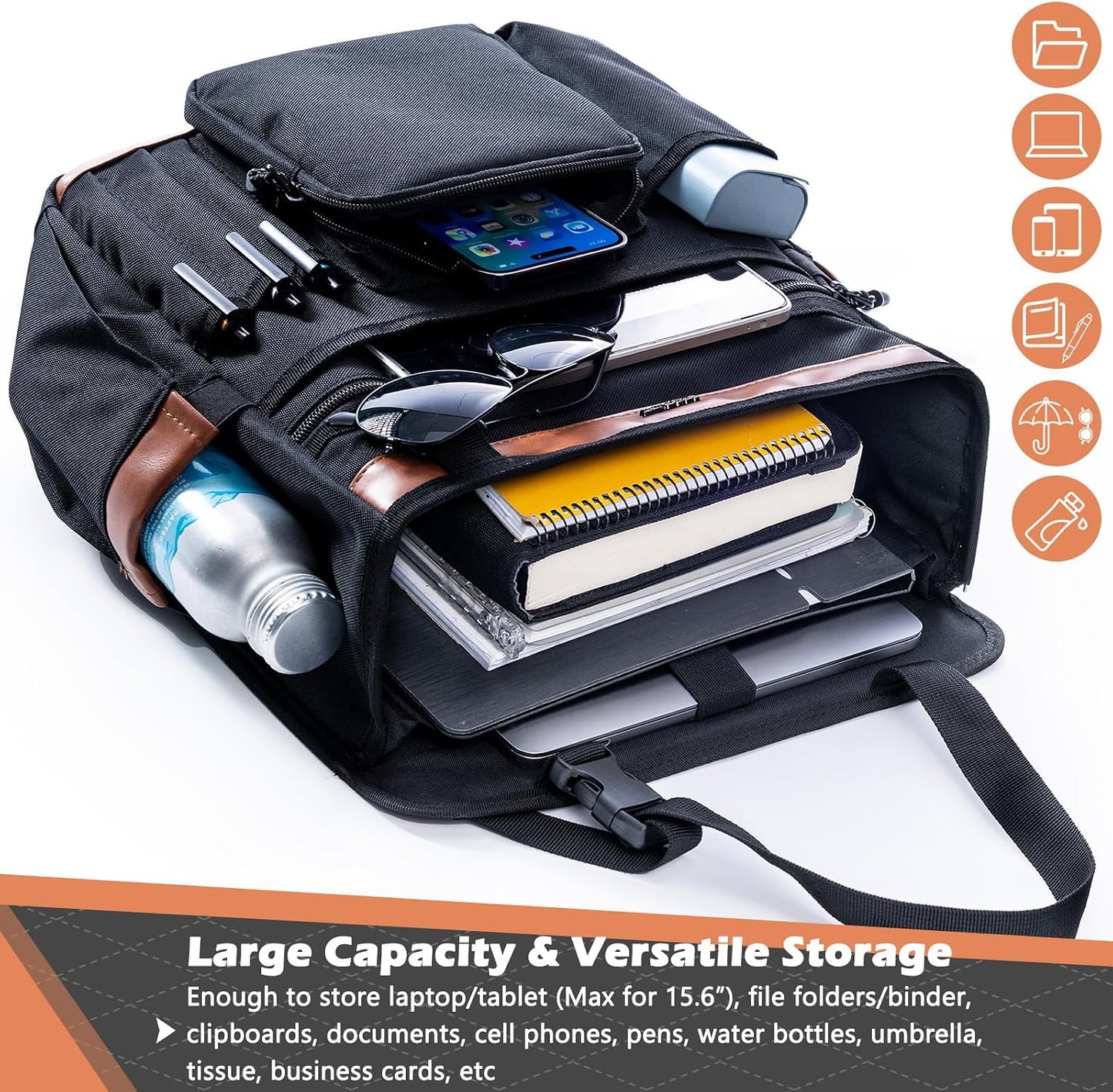 Car Seat Organizer with Laptop Compartment (Fits 15.6"), Front & Backseat Passenger Organizer with Adjustable Strap, Multiple Pockets, Portable Office Bag, Water-Resistant 1200D Polyester