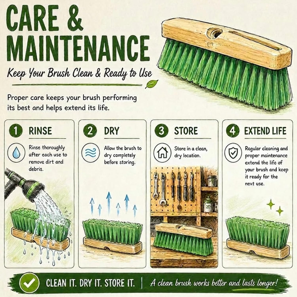 Teravan Green Flow Through Essential Flagged-End Brush Head, 18-Inch