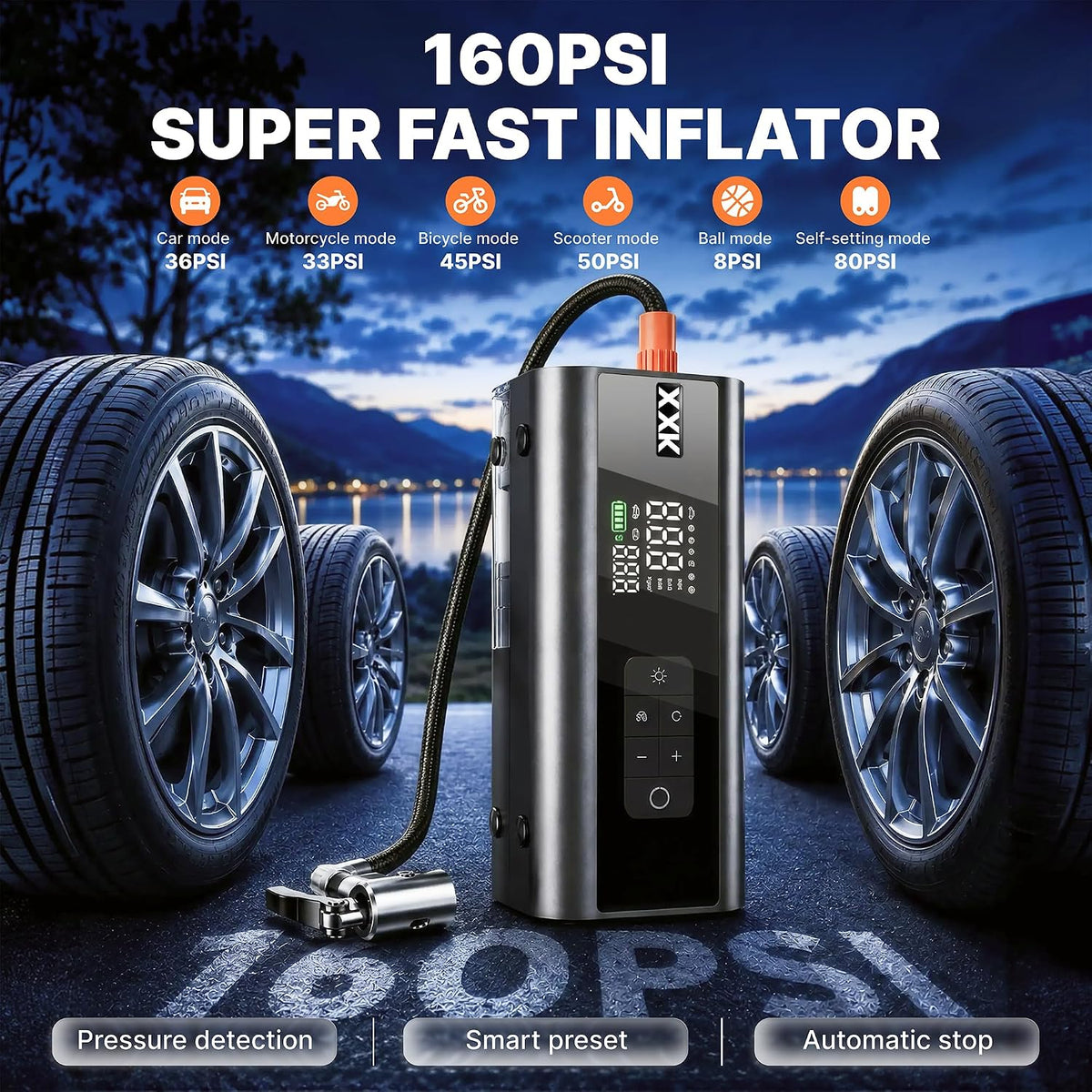 9000A Jump Starter with Air Compressor, 160PSI Portable Tire Inflator
