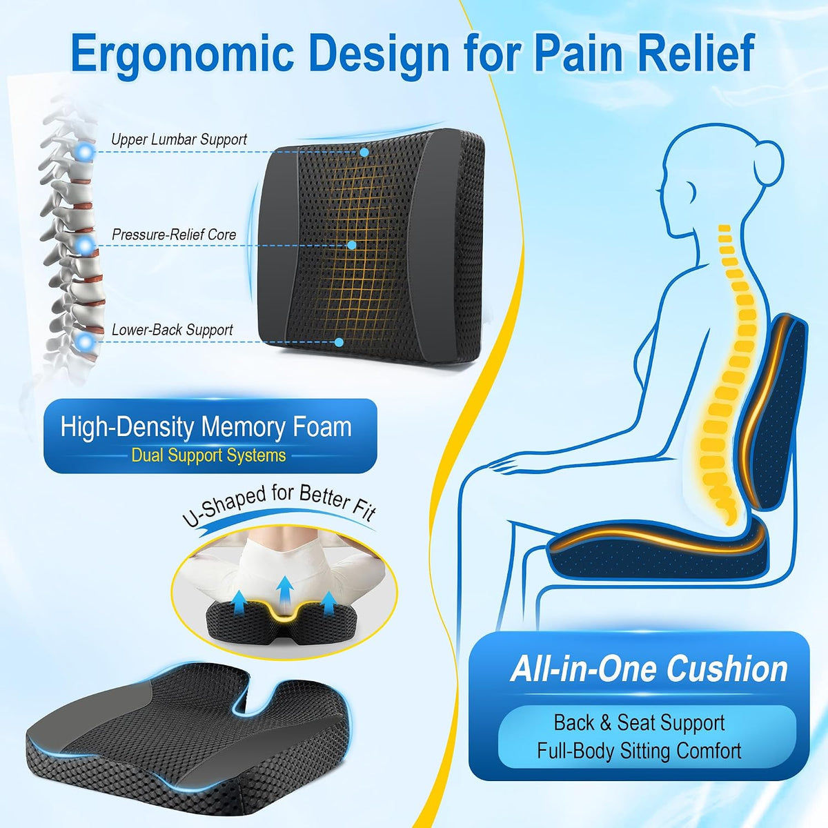 Lofty Aim Car Seat Cushion with Back Support, Lumbar Support Pillow Set