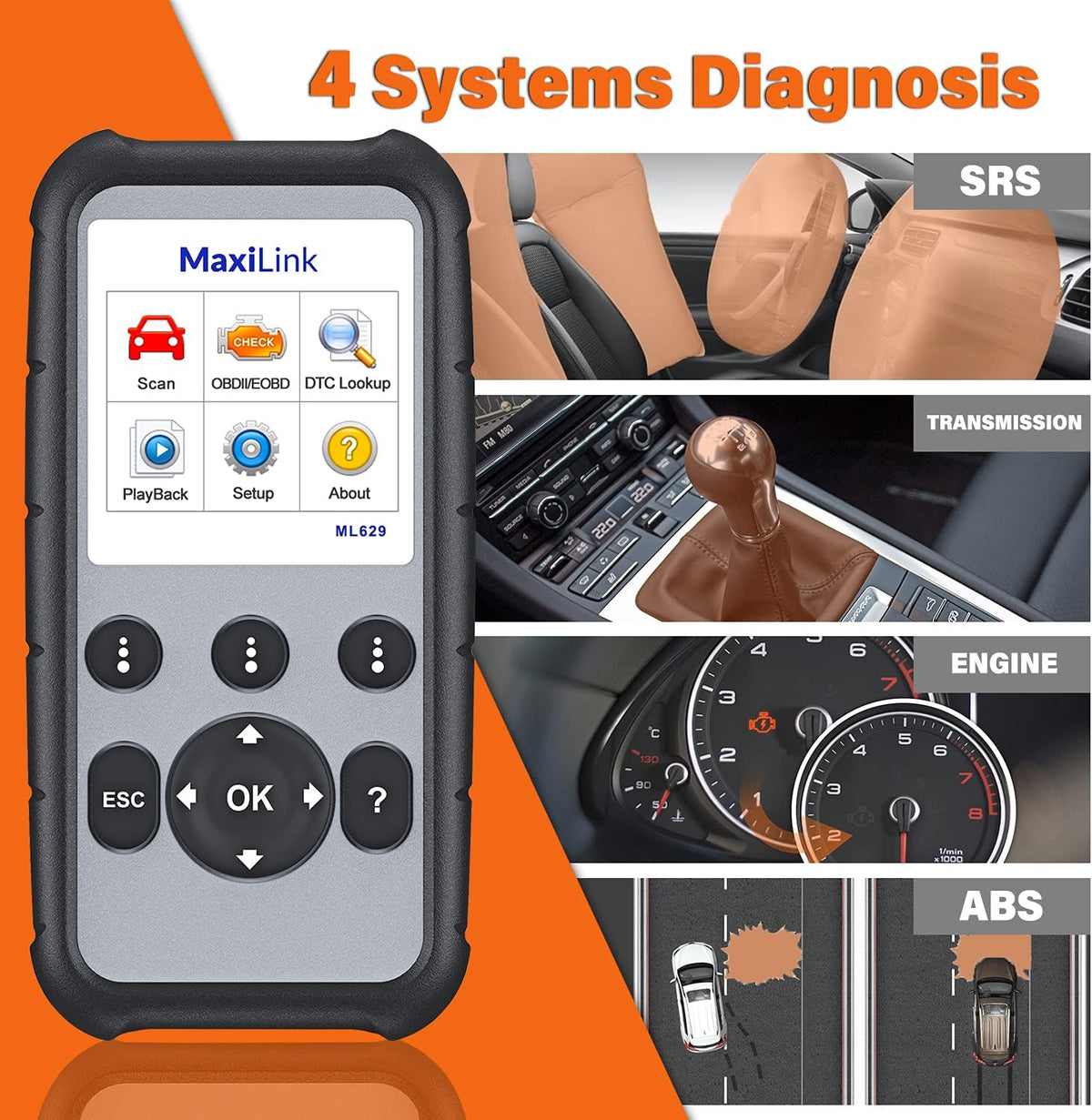 Autel MaxiLink ML629 OBD2 Scanner, ABS SRS Engine Transmission Diagnostics