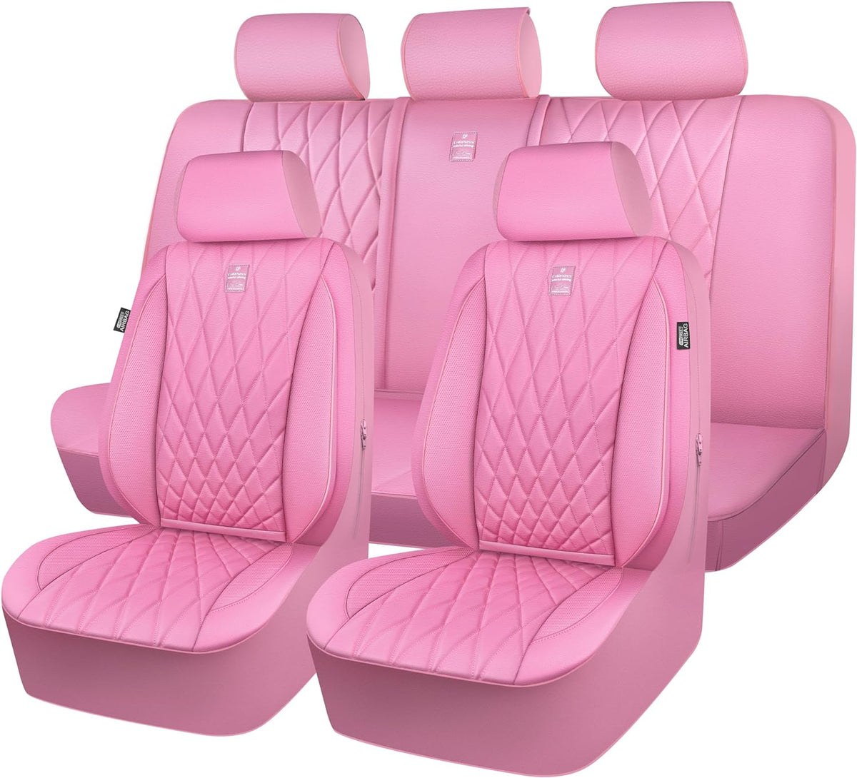 CAR PASS 5 Seats Piping Luxury Leather Seat Covers Full Set, Anti-Slip Waterproof Seat Covers Compatible with Front Armrests, Universal Fit for Suvs,Vans,Trucks,Airbag Compatible, Pure Pink