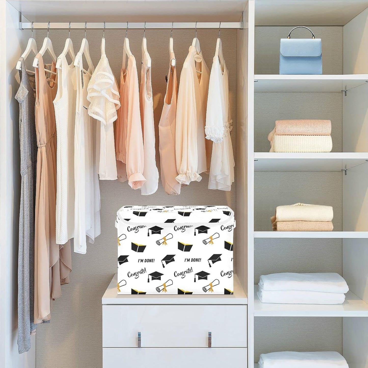 CaTaKu Graduation Black Golden Storage Bins with Lids Fabric Large Storage Container Cube Basket with Handle Decorative Storage Boxes for Organizing Clothes Shelves