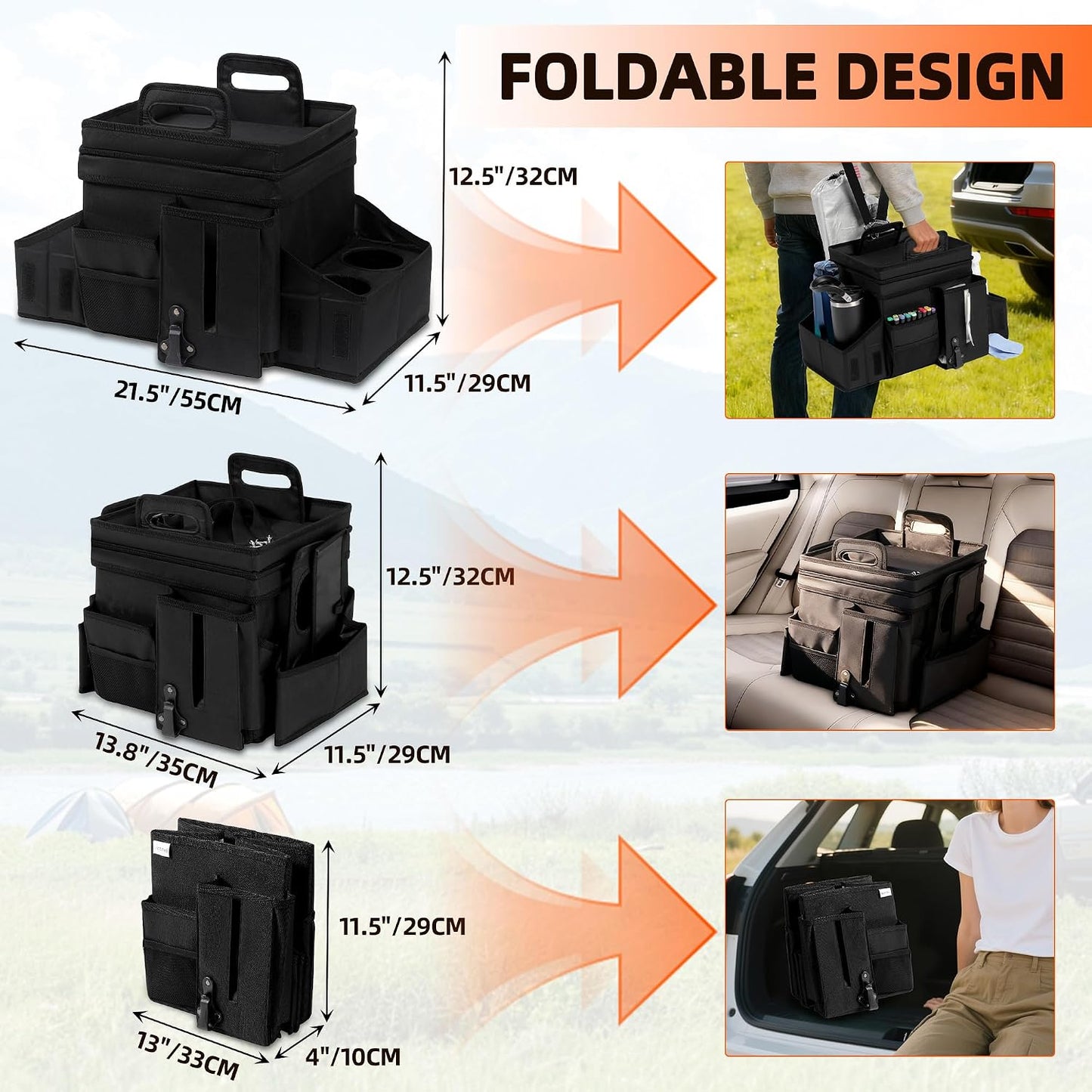 LUVHOMEE Car Organizers and Storage for Backseat & Front Seat - Collapsible Car Caddy w/Headrest Strap, Leakproof Cooler, Lid & Cup Holders | Fits Passenger Seat, Easy-Access Travel Snacks & Drinks