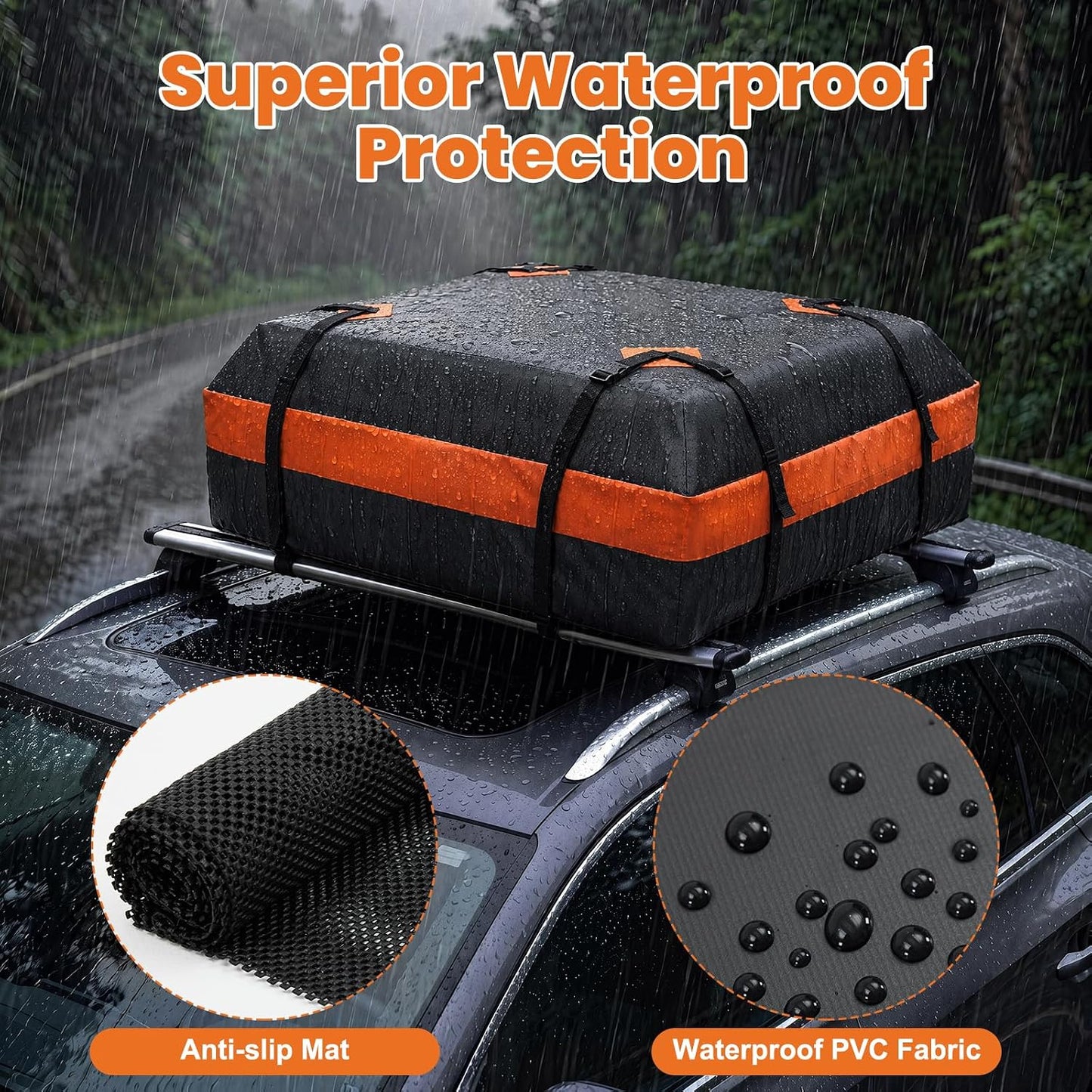 15 Cubic Feet Heavy Duty Waterproof Car Rooftop Cargo Carrier Bag | for All Vehicles with/without Rack, Includes Anti-Slip Mat, Reinforced Straps, Door Hooks, Storage &amp; Luggage Lock