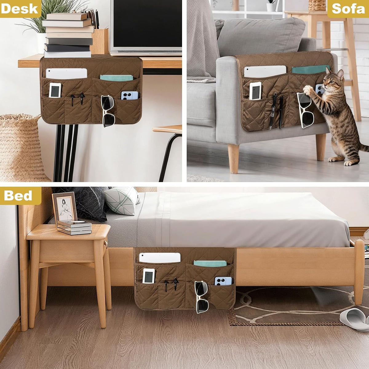 Remote Control Holder for Recliner, Armchair Caddy, Non Slip Sofa Armrest Organizer for Recliner Couch With 6 Pockets for TV Remote,Cell Phone,Magazine (Brown)