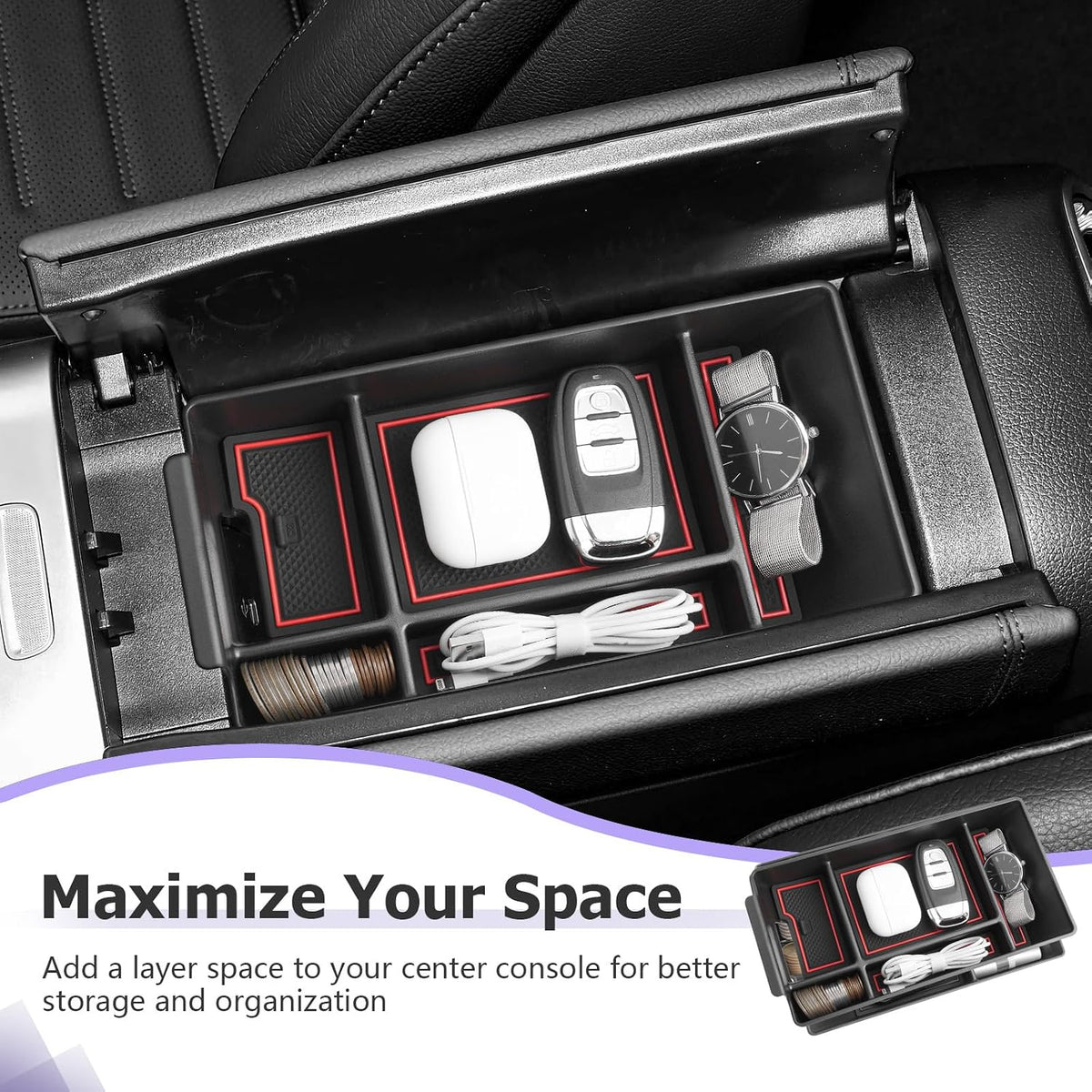 LUWU Center Console Organizer Compatible with 2022-2027 Benz C-Class C300/C300 4Matic/AMG C43/AMG C63 SE Performance W206 Accessories Armrest Console Storage Box Insert Tray ABS Material Red