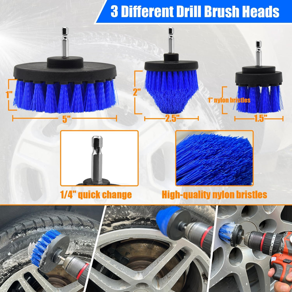 Wheel Brush Kit, Soft Drill Wheel Cleaner Brush, Tire Brush, Detailing Brush, and Detailing Pads, No Scratches Car Wheel Cleaning Kit for Wheels, Tire, Rims, Engines, Exhaust(Blue + White 9 Pk)