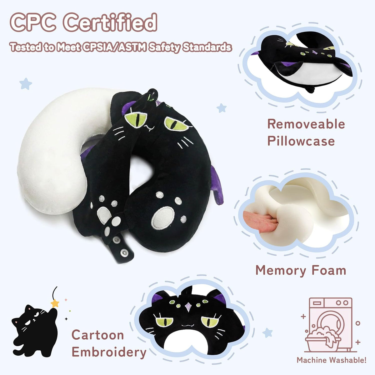 Niuniu Daddy Black Cat Kids Travel Neck Pillow (3-8 Y/O), Memory Foam Toddler Pillows for Head & Chin Support, Cute Sleeping Essentials for Car Seat, Airplane, Stroller and Long Road Trip