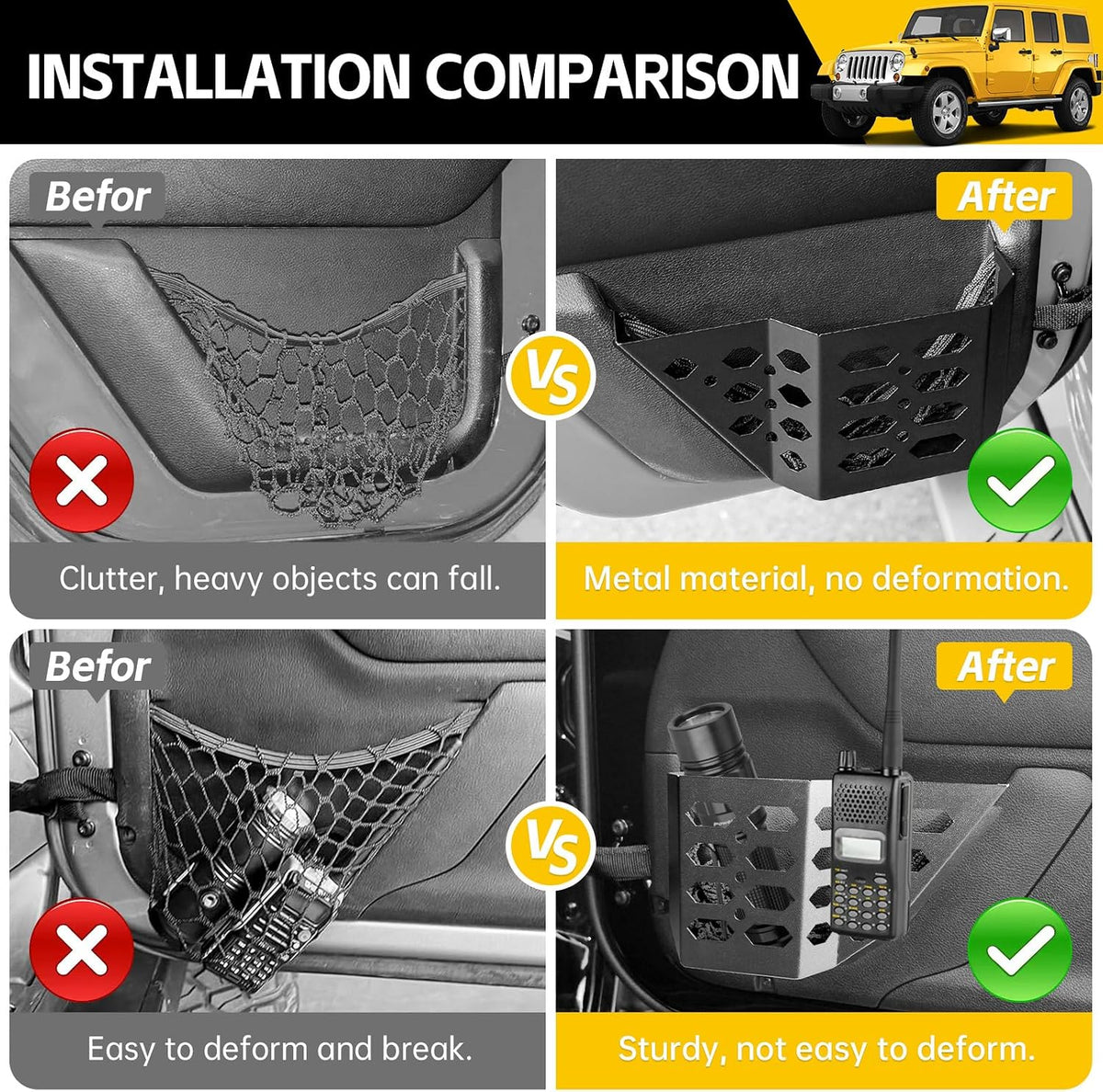 Metal Front & Rear Door Storage Box Pockets for 2007-2018 Jeep Wrangler JK JKU Sturdy Door Side Insert Molle Panels Organizer Only for 07-18 Wrangler JK JKU 4 Door Interior Accessories 4PCS
