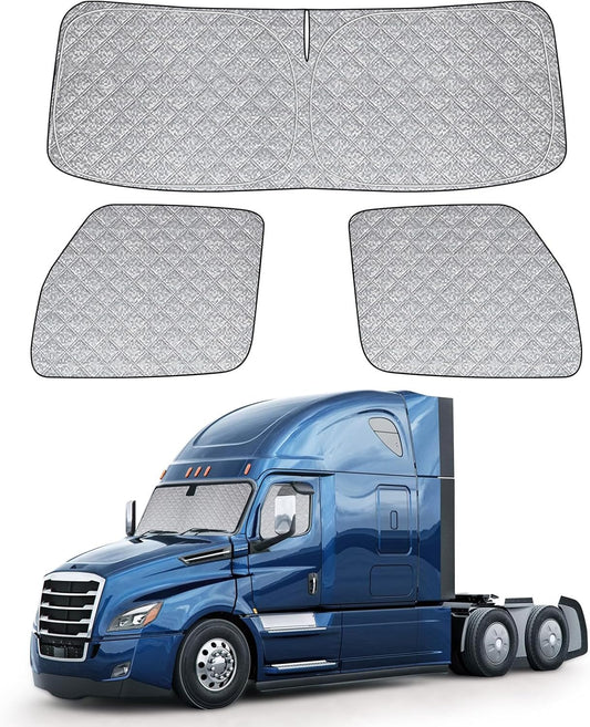 6 Layers Semi Truck Window Shades Custom Fit 2018-2025 Freightliner Cascadia, 3 Set Front Windshield and Side Windows Foldable Sun Protector Privacy Cover