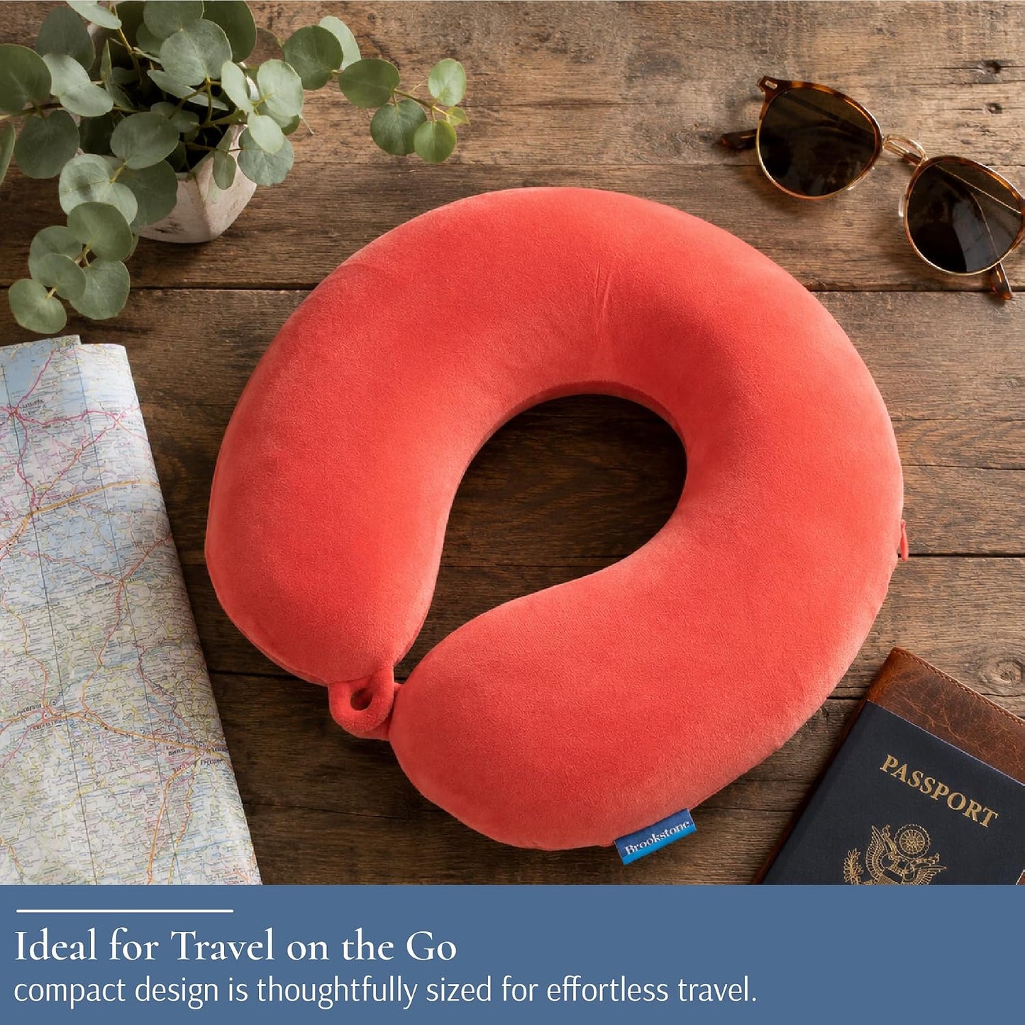 Brookstone Travel Neck Pillow - Lightweight U-Shaped Memory Foam Travel Pillow for Airplane, Car Travels & Sleeping, Terra Cotta