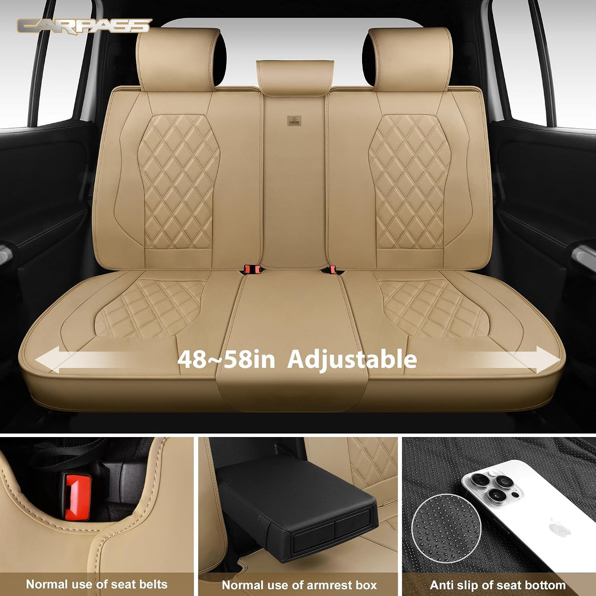 CAR PASS Luxury Nappa Leather Seat Covers Full Set, 3D Rhombus Waterproof Faux Leather Seat Covers, Universal Automotive Seat Cushion Fit for Most Sedan SUV Truck Van, Airbag Compatible Beige