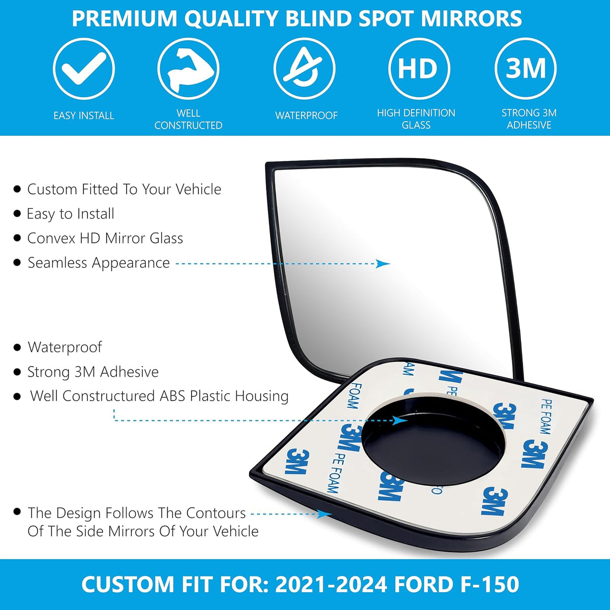 Convex Stick On Custom Fitted Blind Spot Mirrors Compatible With 2021-2026 Ford F-150 F150- Engineered to Provide A Wider View