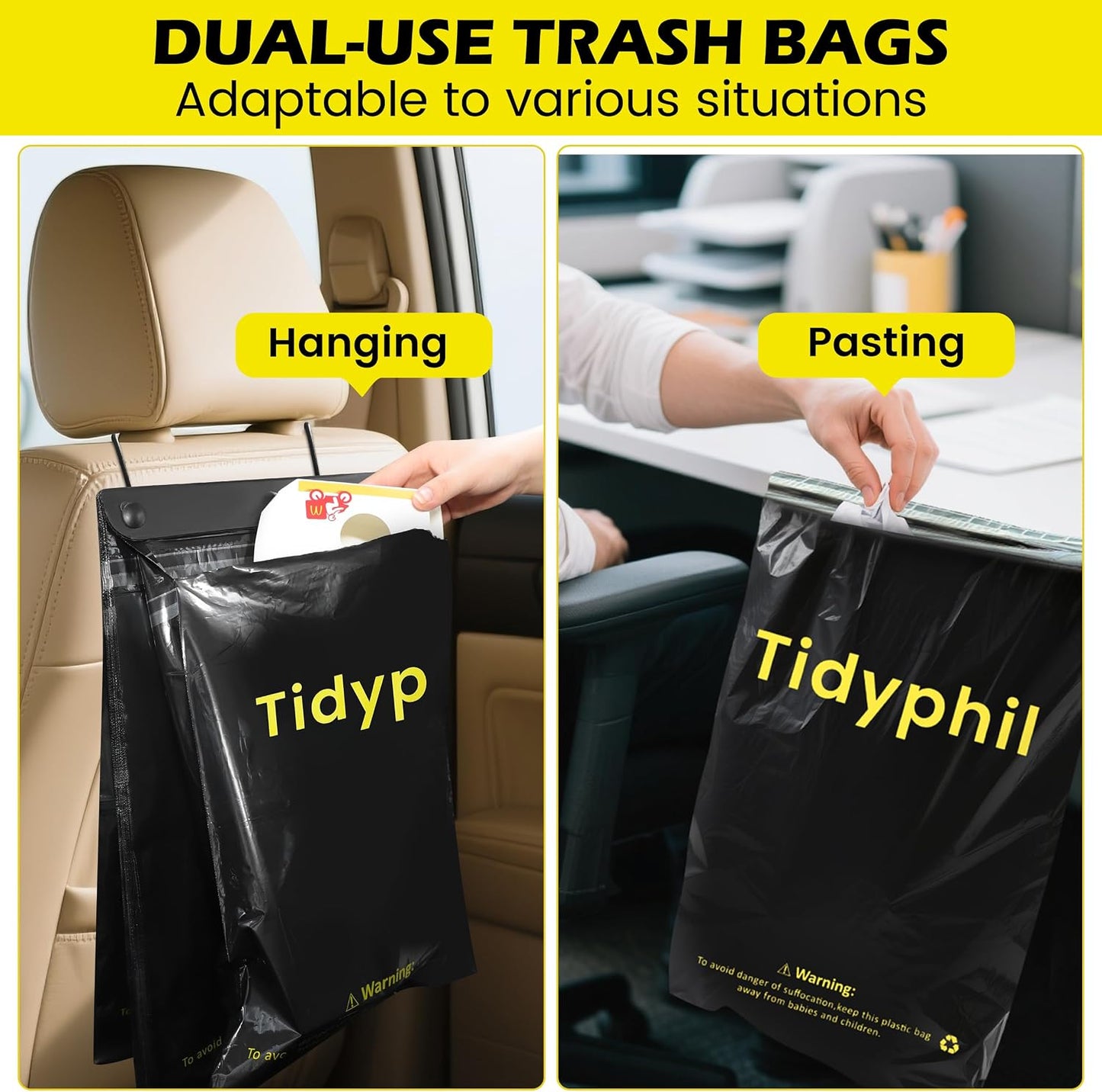 150 PCS Disposable Car Trash Bags Hanging, Leak-proof, Odor Seal. 2 Gallon Car Garbage Bags, Big Capacity. Independent of Car Trash Can, Easy Stick-On Car trash Bin for Car, SUV, Truck, Stroller.Black