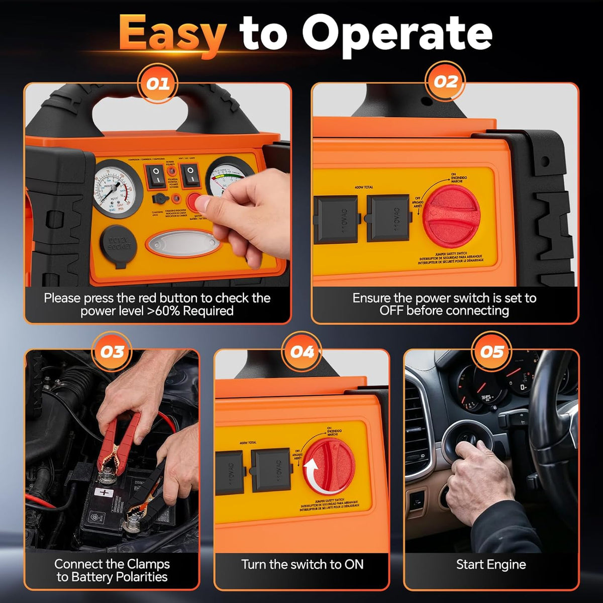 Portable Jump Starter with Air Compressor, FlyAuto 2200A Battery Booster for Cars, Trucks & SUVs, Up to 8.5L Gas & 8.0L Diesel, 150PSI Tire Inflator, Emergency Power Pack with AC/DC/USB