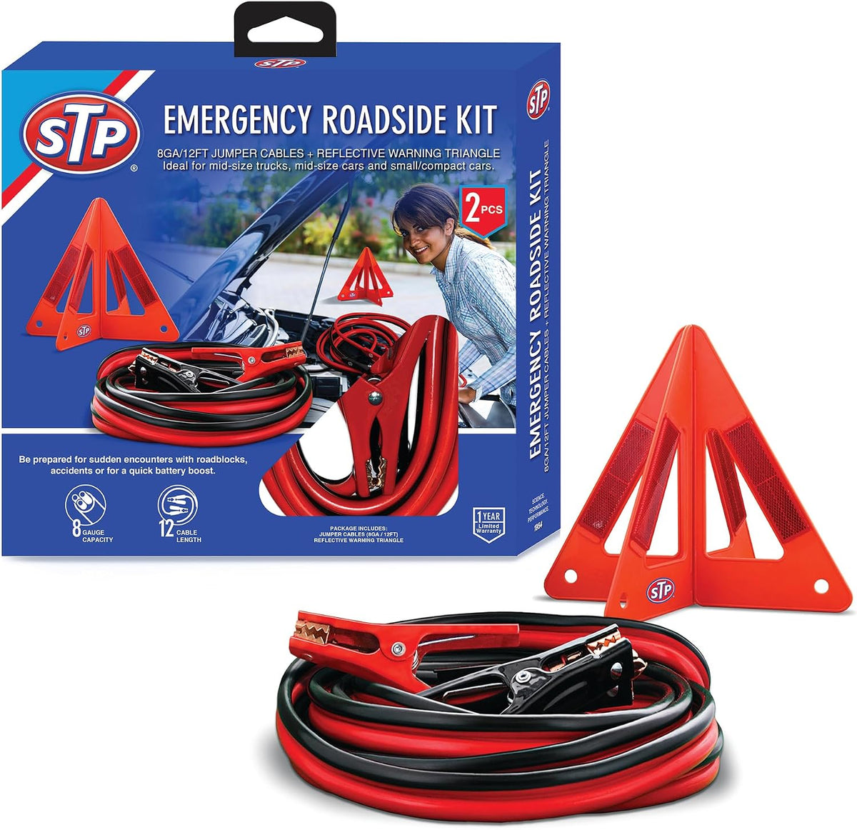 STP Jumper Cables for Car & Reflective Warning Triangle, 12-Foot 8-Guage Heavy Duty Jumper Cables to Jump Star Dead Batteries in Cars Trucks SUVs, Automotive Booster, Professional Vehicle Safety Kit