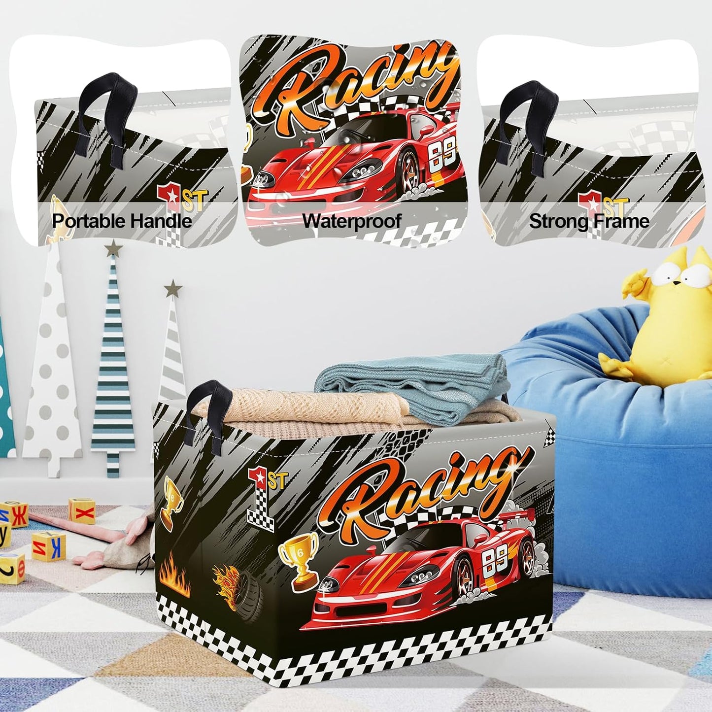 Clastyle Sport 3D Racing Car Boy Room Basket Racing Flag Monster Truck Toy Book Shelf Basket Large Rectangle Collapsible Dirty Clothes Storage Bin, Black, 40 * 30 * 30 cm