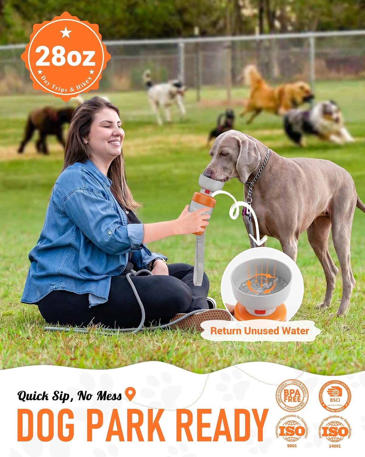 lesotc Dog Water Bottle Portable, 28oz Portable Dog Water Bottle with Bowl, Leak Proof Travel Bowl Dispenser for Dogs, One-Hand Squeeze Puppy Essentials for Walking, Hiking, Camping