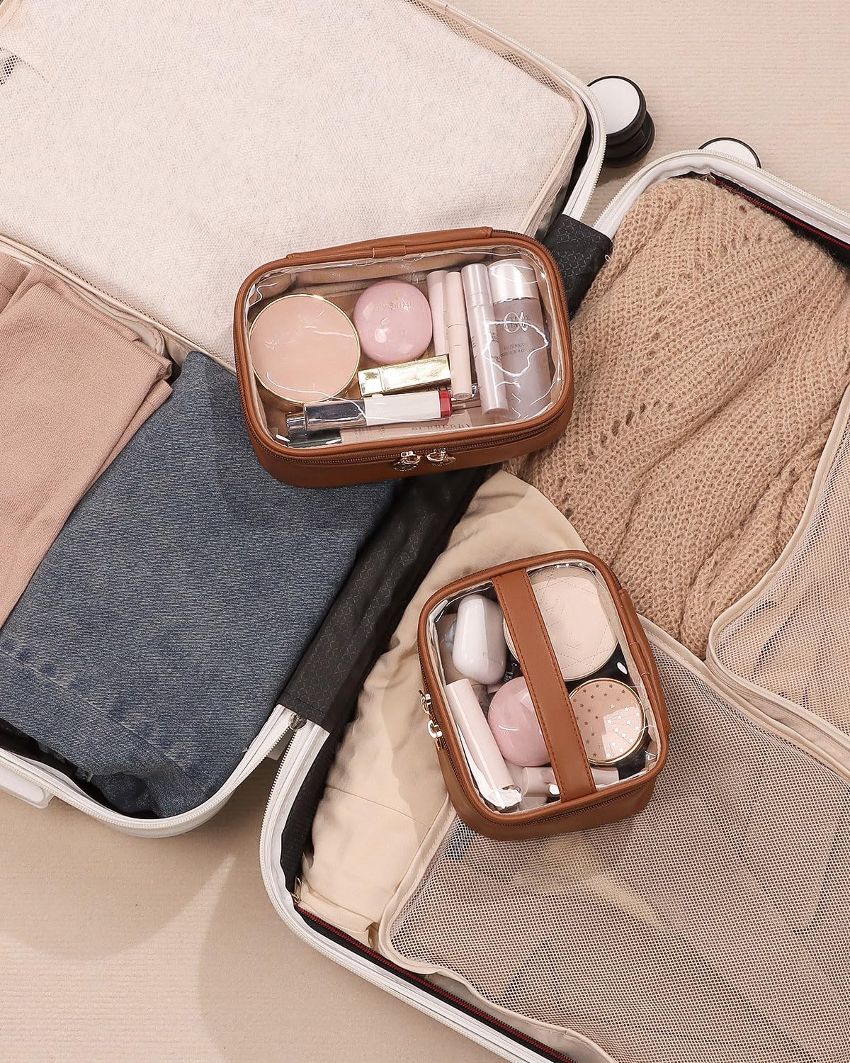 Pocmimut Clear Makeup Bag,Small Makeup Bag Travel Make Up Bag Pouch Purse Car Accessories Storage for Travel Essentials Organizers,Brown