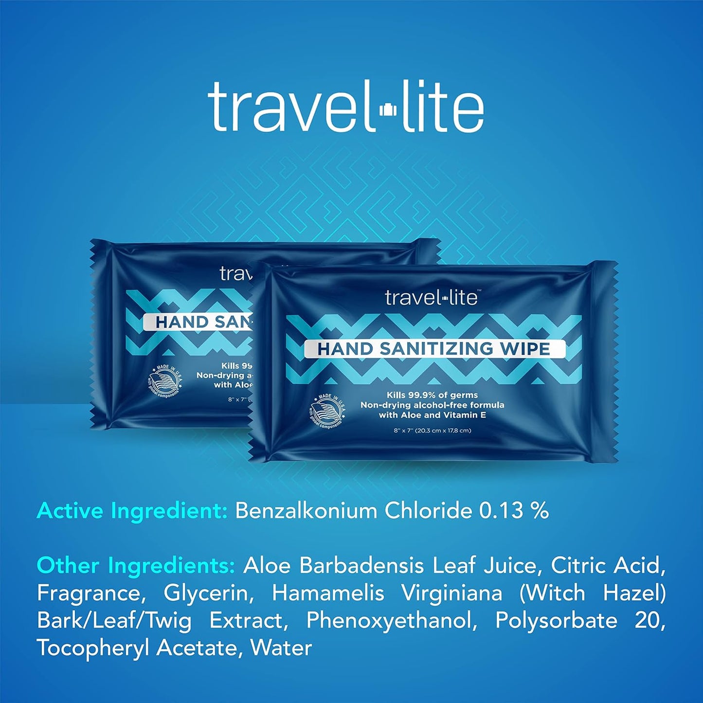 Travel Lite Alcohol-Free Hand Wipes with Aloe Vera and Vitamin E, Fresh Scent 50ct Individually Wrapped Travel Essentials Wipes for Adults and Kids