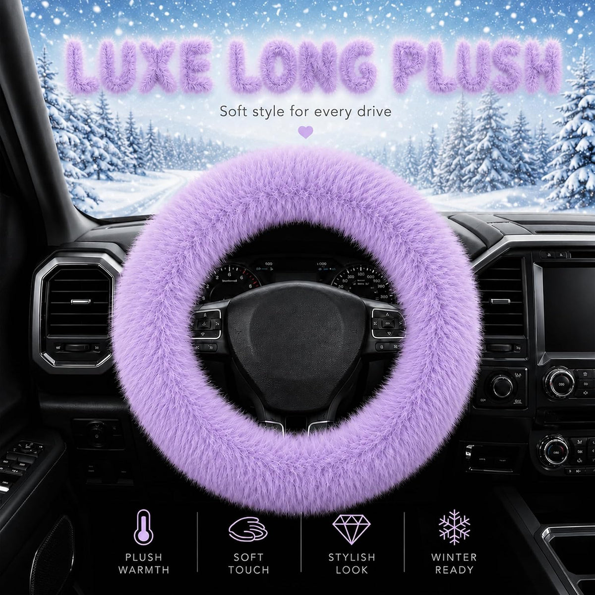 Road Comforts Steering Wheel Cover, Fluffy Car Wheel Covers for Women/Girls/Ladies，Soft Wool Fur Steering Wheel Protector, Universal 14 1/2 inches to 15 inches - Purple
