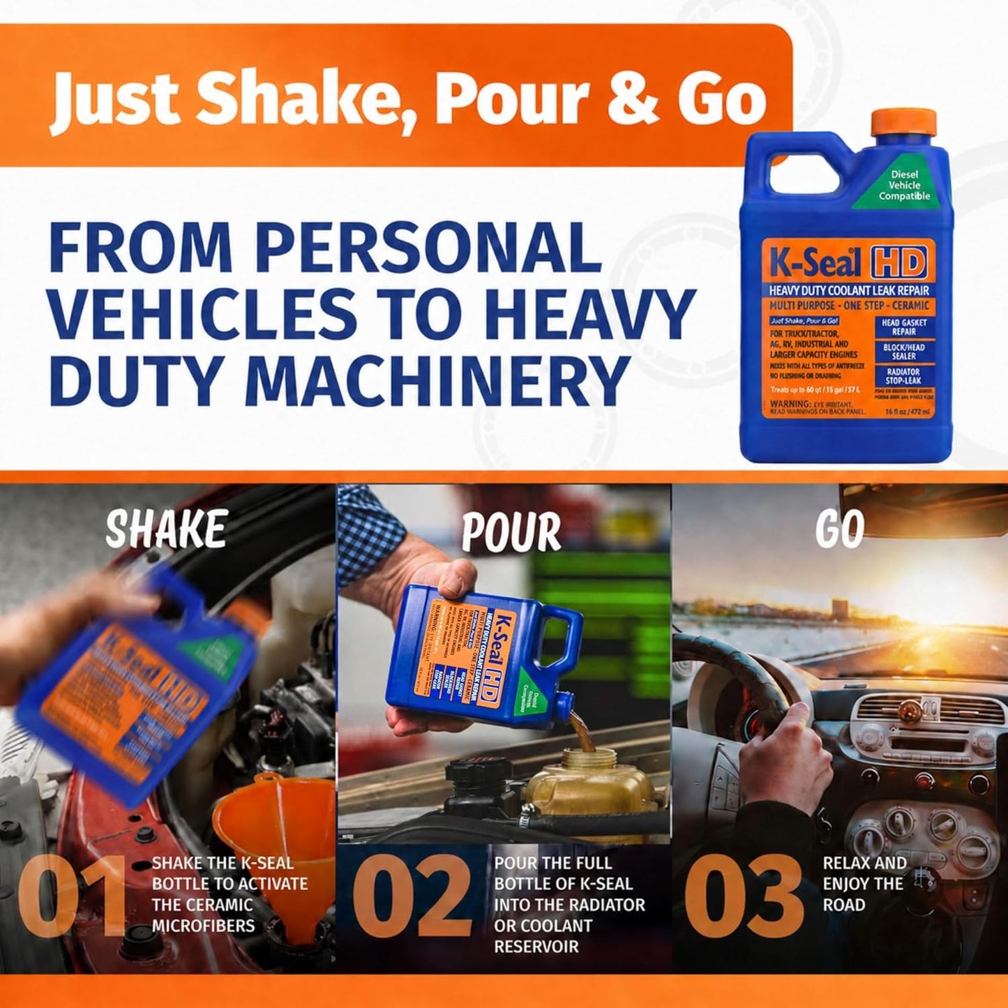 K-Seal ST5516 Heavy-Duty Multi-Purpose One Step Coolant Leak Repair, 16 oz, Pour and Go, Mixes with All Antifreeze, No Flushing Required