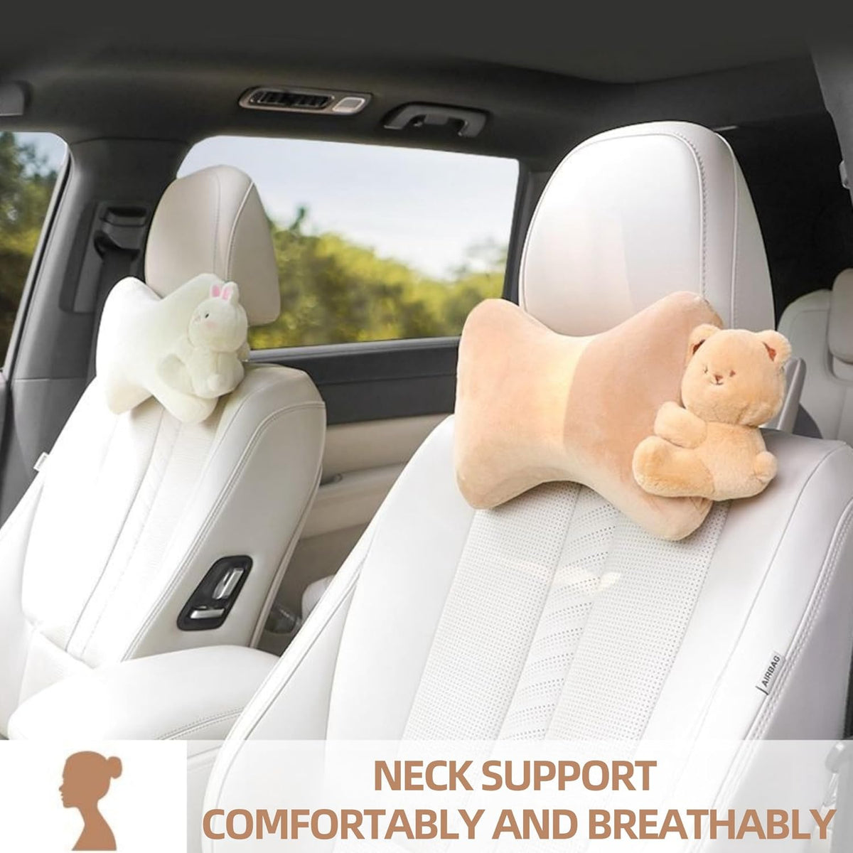 Car Headrest Pillow 2PCS Plush Bear ＆ Bunny Car Seat Headrest Pillow - Memory Foam Neck Support Cushions for Comfortable Driving, Easy Install & Washable (Brown Bear)