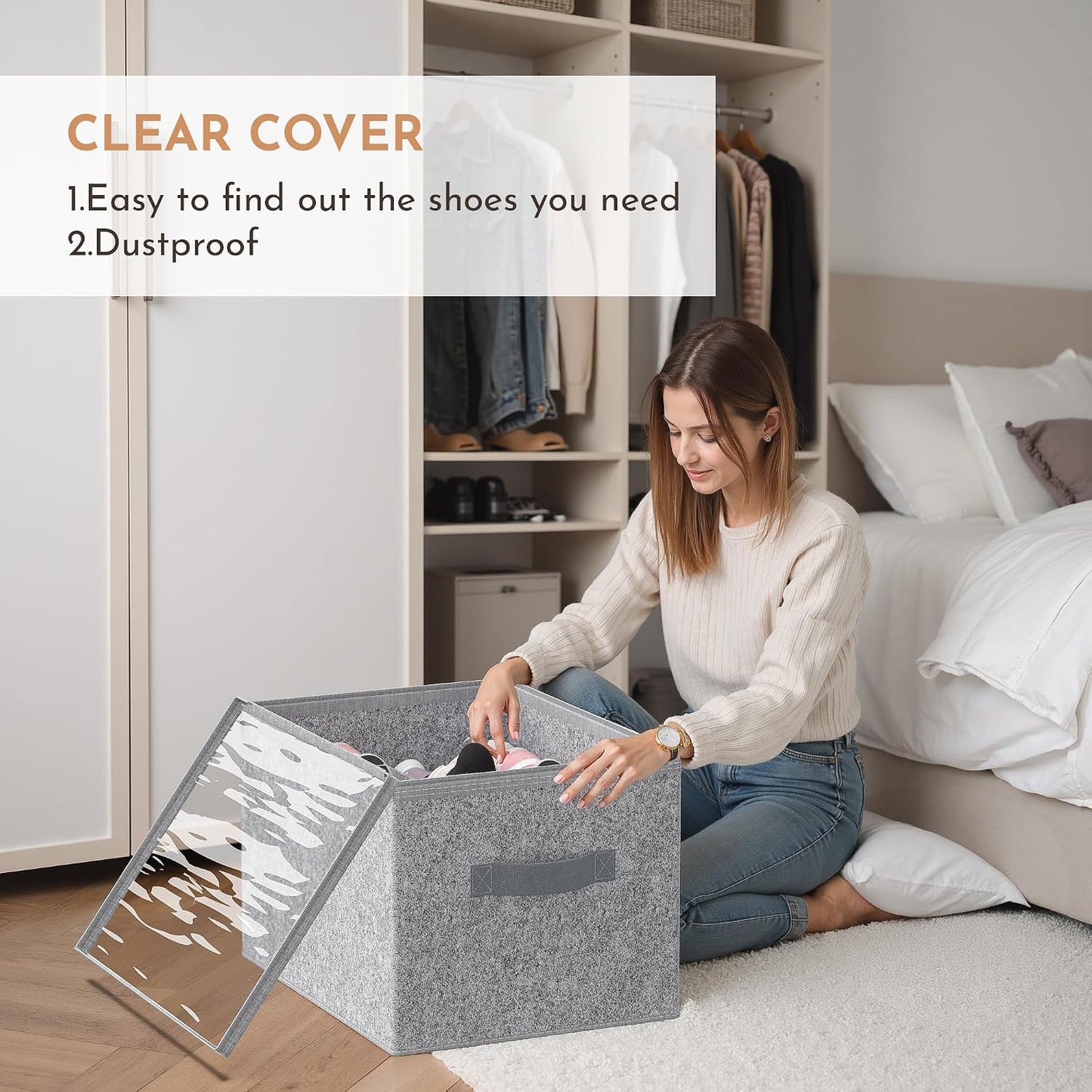 Adjustable Storage Bins for Closet, Wardrobe Clothes Organizer, Shoe Bin, Shoe Organizer, Toys, Closet Storage Solution with Clear Window (Felt Grey 32Pairs, 32Pairs)