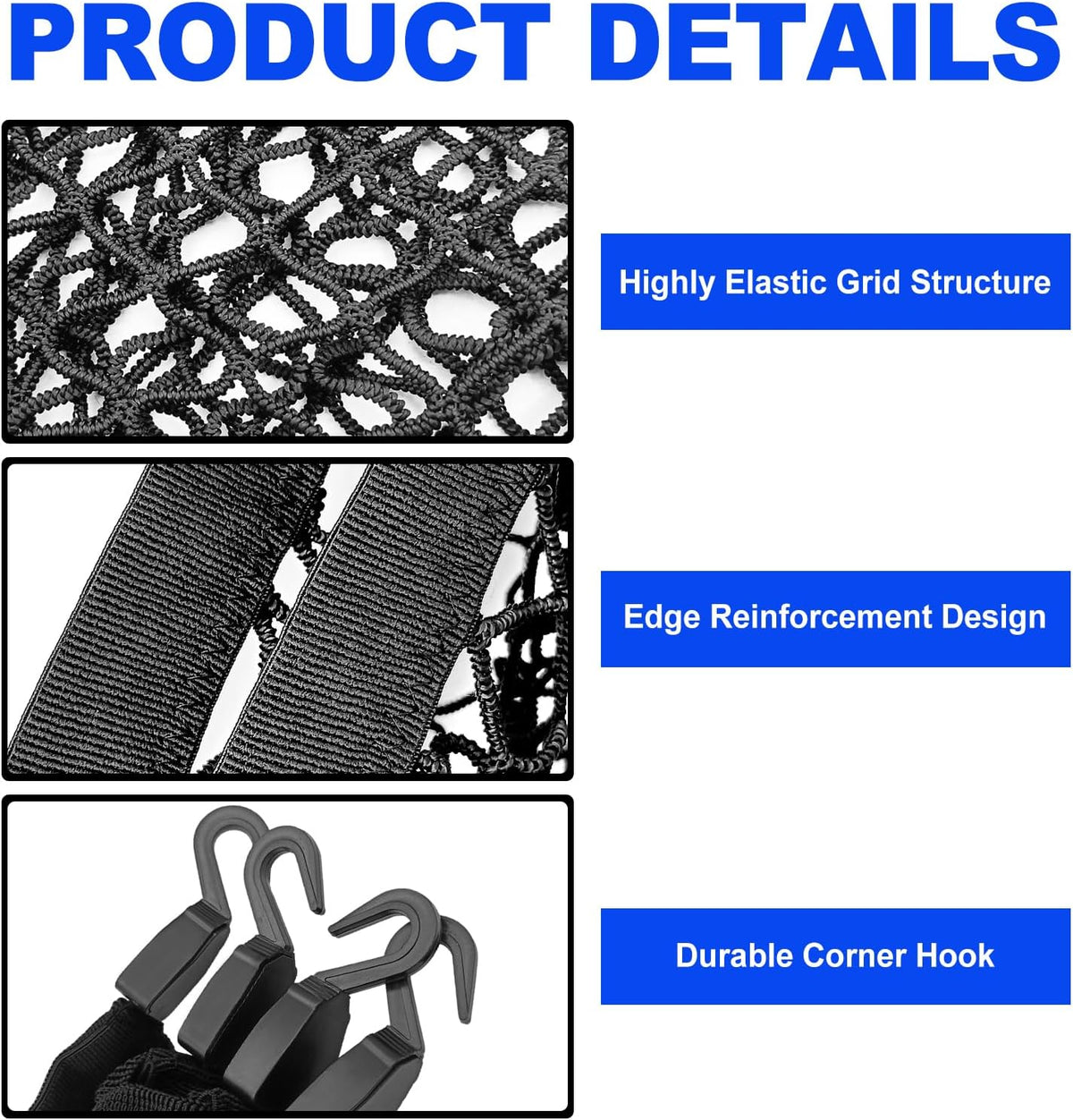 Highly Elastic Cargo Net for SUV Rear Trunk, Stretchable Storage Organizer Net for Car, Mesh Organizer 23.62" x 31.49" Stretch to 47"x 63" w/D-Rings Luggage, Fixing Hooks