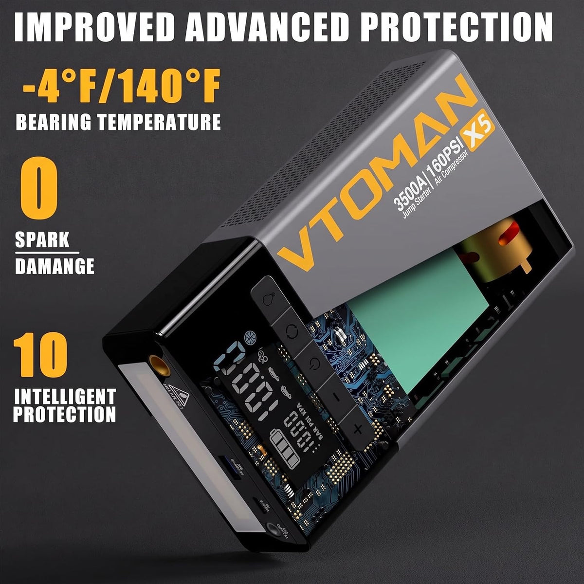 VTOMAN Portable Jump Starter 3500A with Built-in Air Compressor, 160PSI Digital Tire Pump, 12V Battery Booster for 9L Gas/8L Diesel Vehicles, Type-C Quick Charge