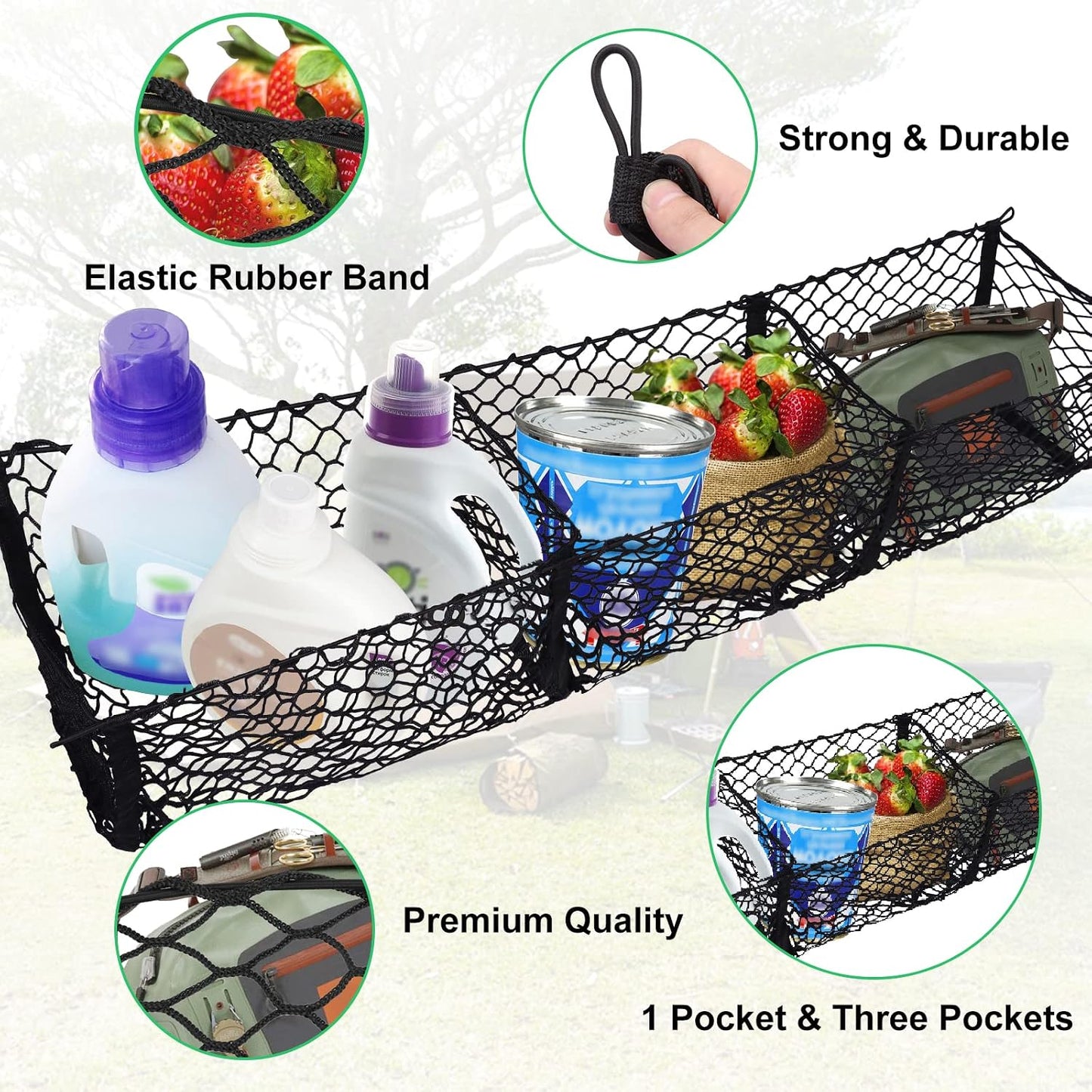 Cargo Net Trunk Bed Organizer for Ford/Dodge/GMC/Chevy Silverado/Toyota/Nissan/Honda Pickup Truck, 59" Longer Mesh Storage Net Grocery Holder Heavy Duty Automotive Cargo Net with 3 Detachable Pocket