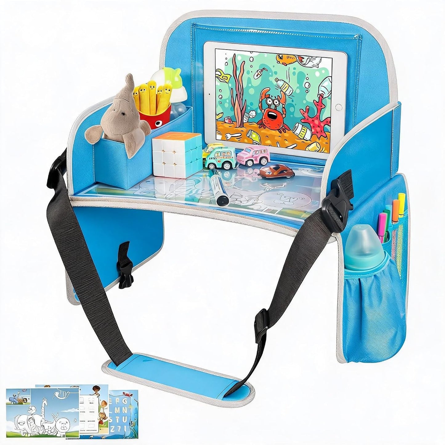 MENZOKE Kids Travel Tray, Car Seat Tray for Kids Travel, Toddler Essentials | Road Trip Activities Accessories with Tablet Holder, Cooler Cup Holder, Dry Erase Board & Storage Pocket for Airplane, Blue