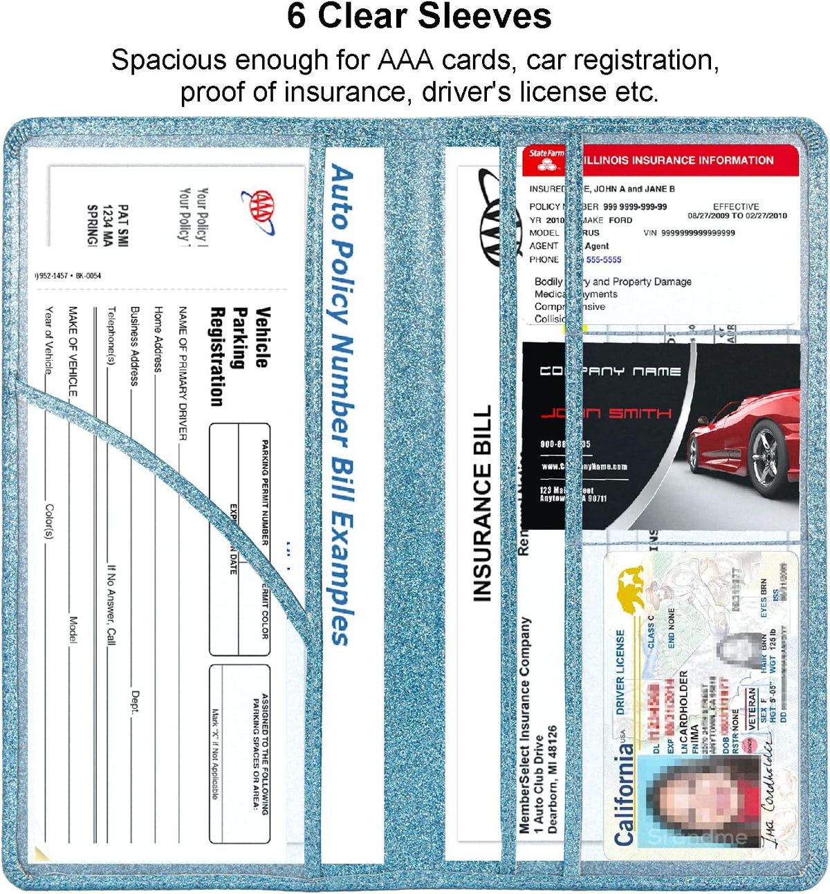 Leather Car Registration Insurance Holder Magnetic Shut, Glitter Light Blue