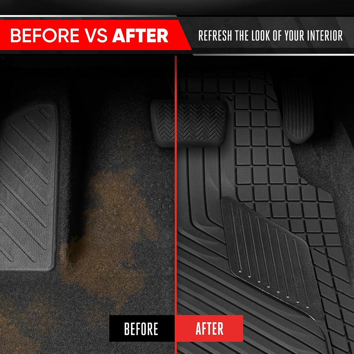 Motor Trend MetallicGuard Car Floor Mats Full Set - Durable Rubber Floor Mats with Black Metallic Heel Pad, All-Weather Interior Protection for Front and Rear with Non-Slip Backing