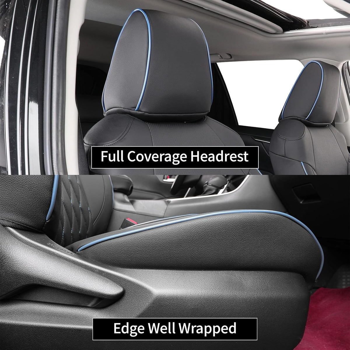 EKR Rav4 Seat Covers Custom Fit for Toyota Rav4(Gasoline) 2019 2020 2021 2022 2023 2024 2025 LE/XLE/XLE Premium/Limited,Leather Car Seat Cover Full Set for SUV,Faux Leather(Black with Blue Piping)