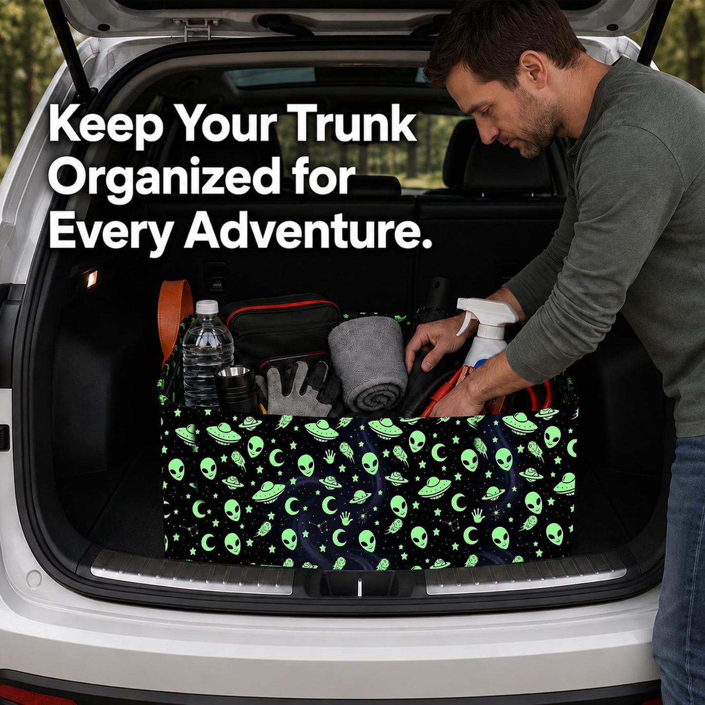 Bat Car Trunk Organizer,20L Collapsible Auto Storage Basket with Handles | Waterproof Soft Storage Chest,Shopping Grocery Bags Rectangle Fabric Bins Storage Box for Car SUV,Bat Gifts for Driver
