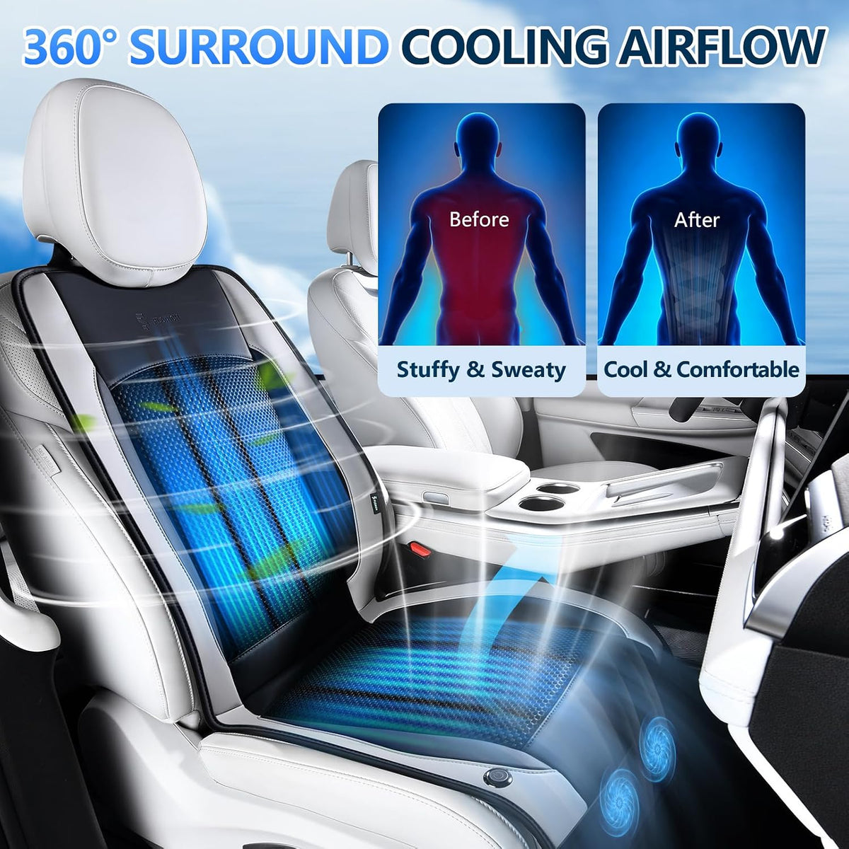 Upgraded Cooling Car Seat Cover Front Seat with Blowing&Suction, 12V-24V Ventilated Car Seat Cushion with 2 Turbo Fans, 3-Speed Adjustable Universal Fit Breathable Car Cushion for Summer Driving-Gray