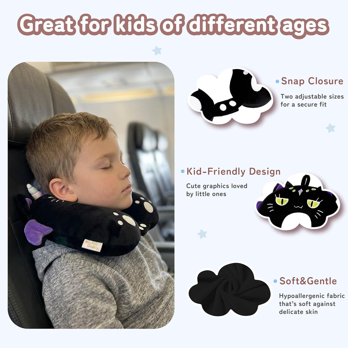 Niuniu Daddy Black Cat Kids Travel Neck Pillow (3-8 Y/O), Memory Foam Toddler Pillows for Head & Chin Support, Cute Sleeping Essentials for Car Seat, Airplane, Stroller and Long Road Trip