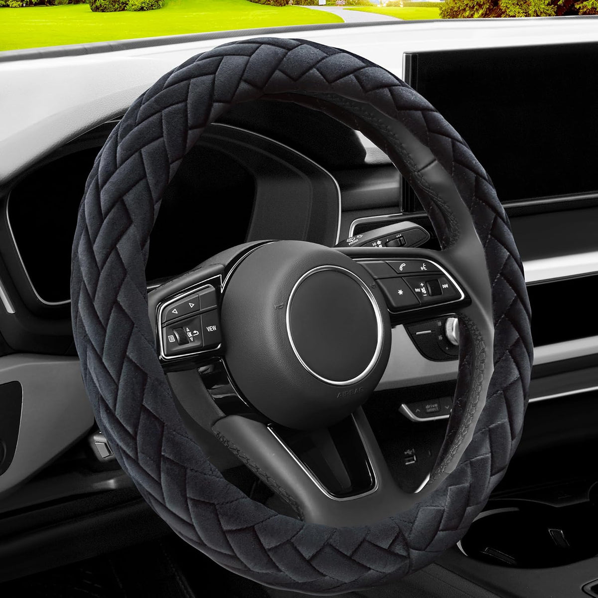 YHONGJT Soft Velvet Steering Wheel Cover Cute Hands Warm Fuzzy, Universal 15 Inch for Women Girls, Fit Vehicles, Sedans, SUVs, Vans, Trucks - Black